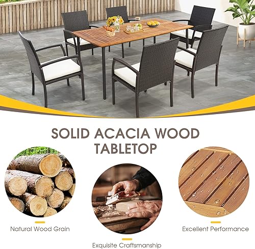 Miniatura 6 de Tangkula Mesa de comedor de madera de acacia para 6 personas, mesa de comedor rectangular grande con patas de metal, agujero para paraguas, muebles