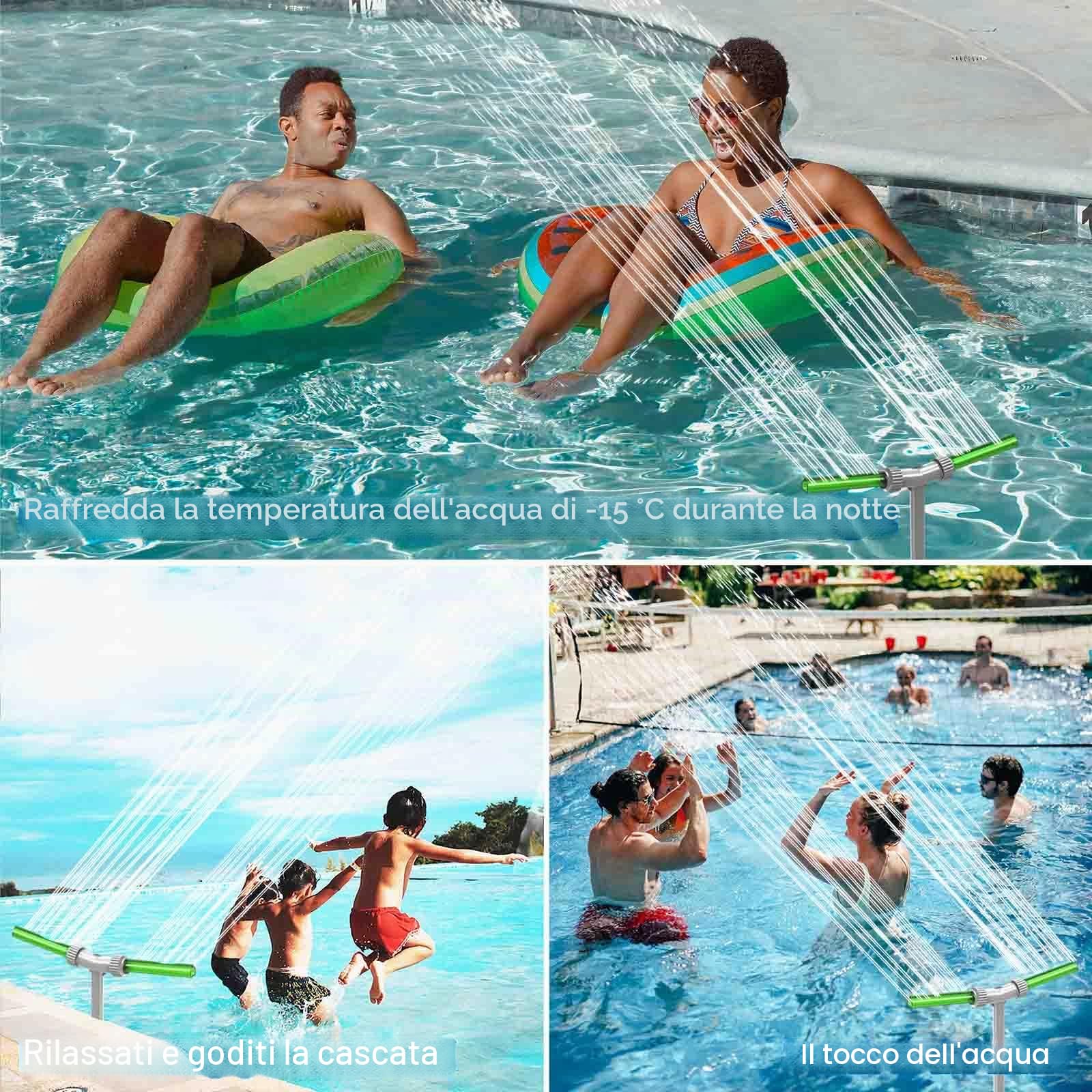 Fontana Doppio Spruzzo e Cascata per Piscine All'Interno ed Esterne, 2 in 1 con Regolazione Fluorescente Verde a Spruzzo, Sistema di Rinfrescimento più Fresco ed Efficiente
