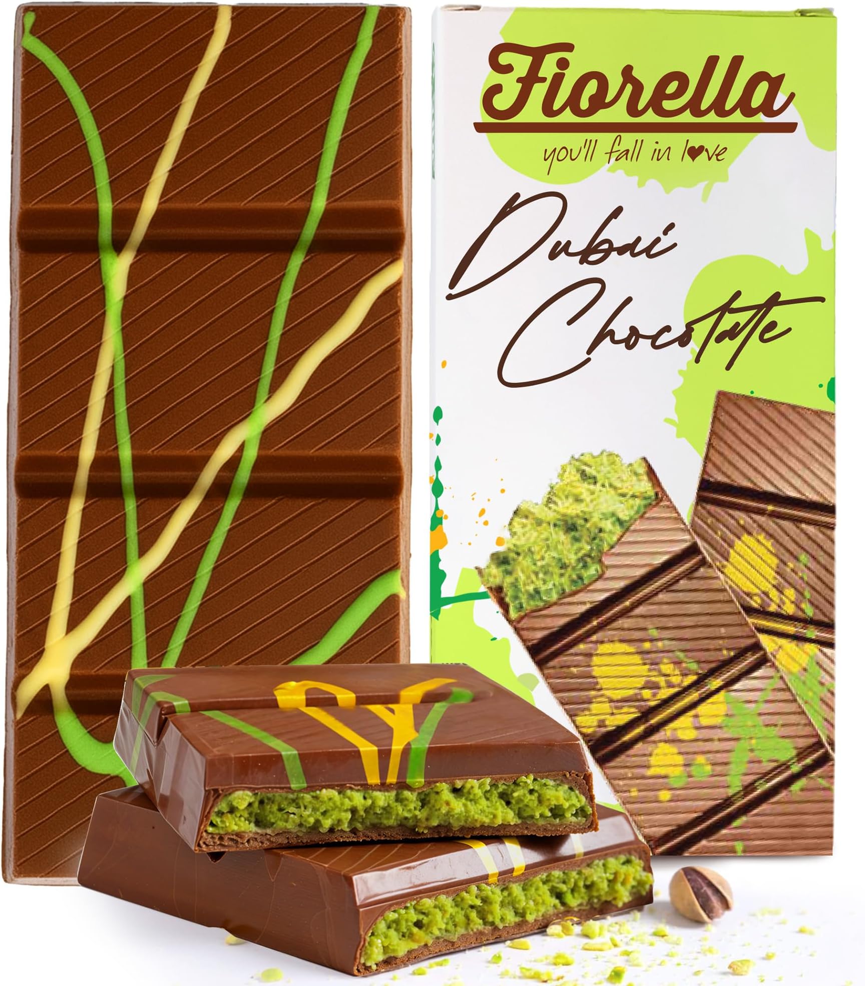 Dubai Chocolate Bar Pistachio, Luxury & Premium Dubai Milk Chocolate Bar Filled with Pistachio Butter & Shredded Knafeh Kadayif, Snacks for Kids & Adults - 7.05 Oz