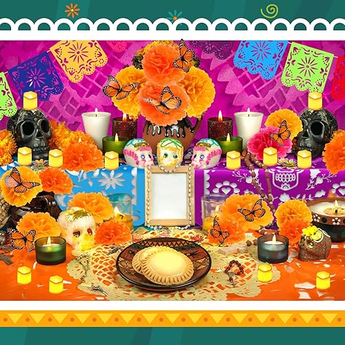 Miniatura 4 de Newwiee Juego de 82 velas LED de papel sin llama, abanico de flores de caléndula, diseño de mariposa monarca, papel picado, mantel desechable para