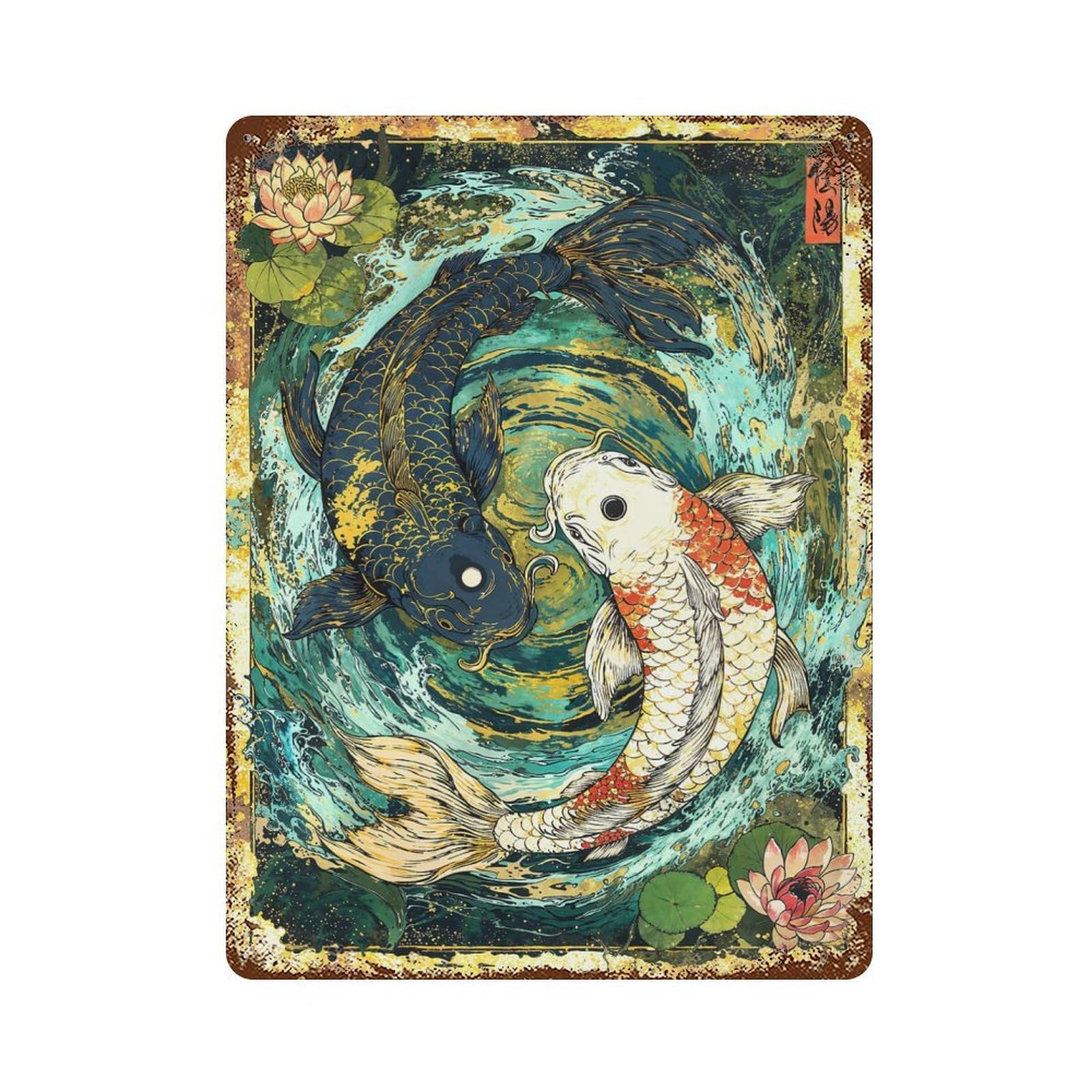 Koi Fish Yin Yang Harmony Art Vintage Metal Tin Sign 15.7"x11.8", Industrial Home Decor for Garage, Pub Or Kitchen