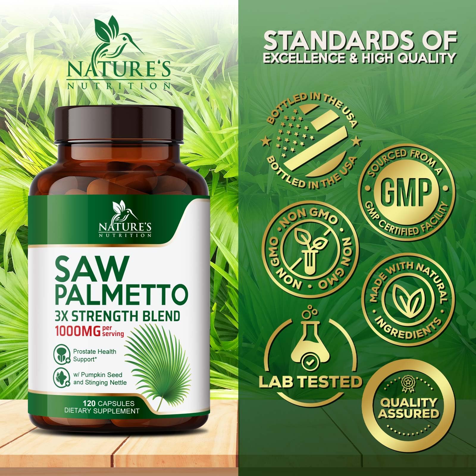 Saw Palmetto for Men - 3X Strength Prostate Health Supplements for Natural Men's Urinary Health Support - with Stinging Nettle and Pumpkin Seed Extract - Prostate & Hair Health Support - 120 Capsules — Amazon image 4