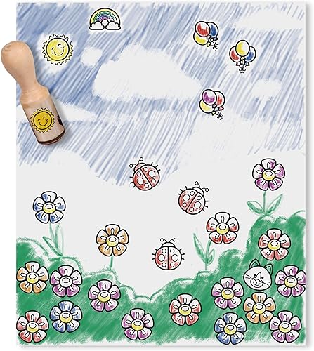 Miniatura 9 de Melissa & Doug Juego de sellos de lujo con mango feliz con 10 sellos, 5 lápices de colores y almohadilla de tinta lavable de 6 colores