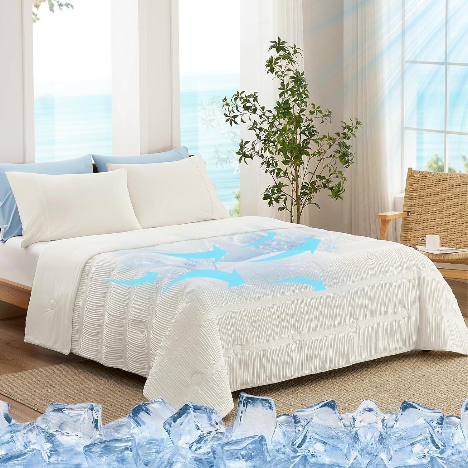 Snuggle Sac Cooling Comforter Queen Size - Q-Max 0.43 Striped Cooling Blanket for Hot Sleepers &Night Sweats, Light Breathable Summer Blanket, Reversible Dual-Sided Silk-Smooth, 90x90 Inches, White