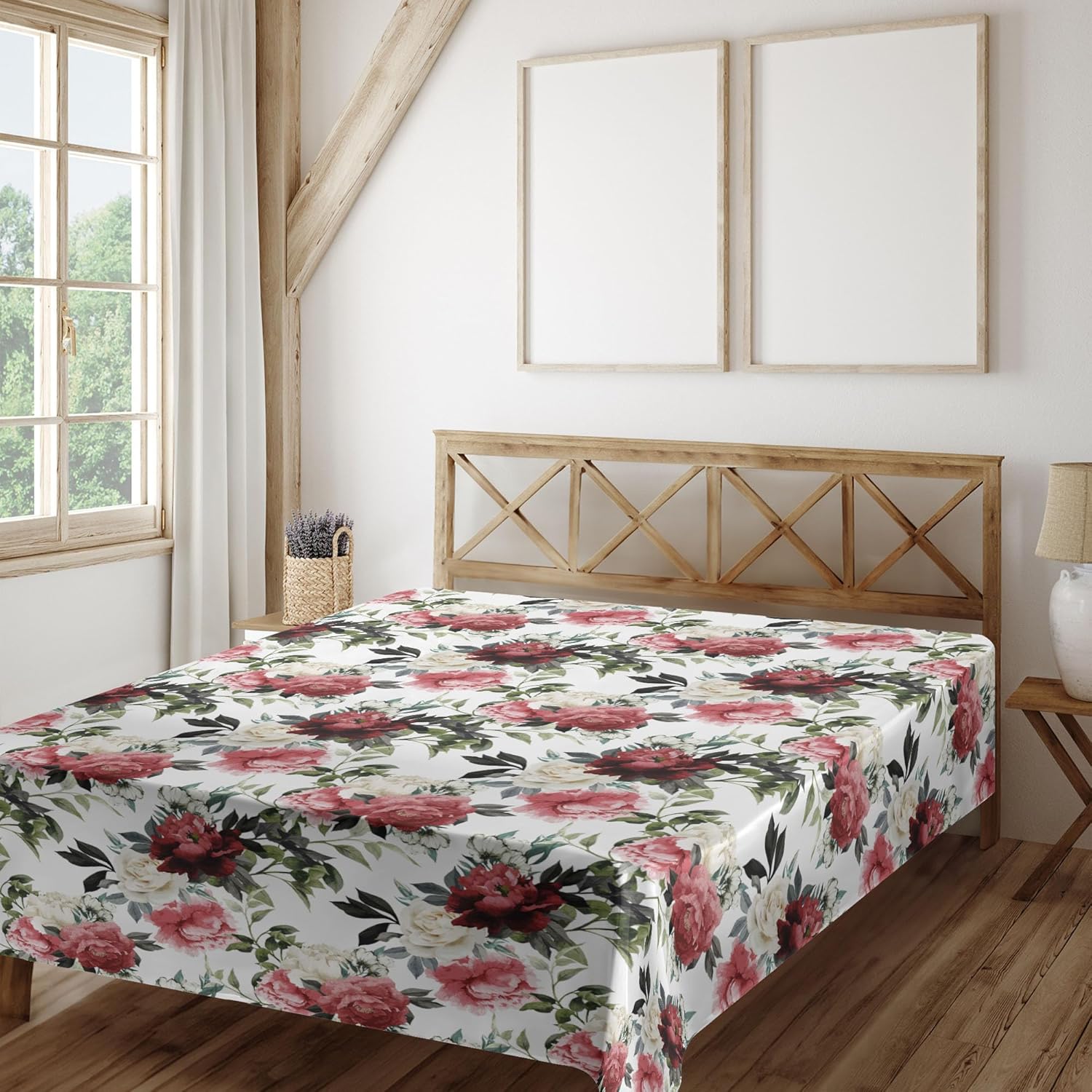 Ambesonne Shabby Flora Flat Sheet, Floral Flower Roses Buds with Leaves and Branches Art Print, Soft Comfortable Top Sheet Decorative Bedding 1 Piece, Queen Size, Olive Green