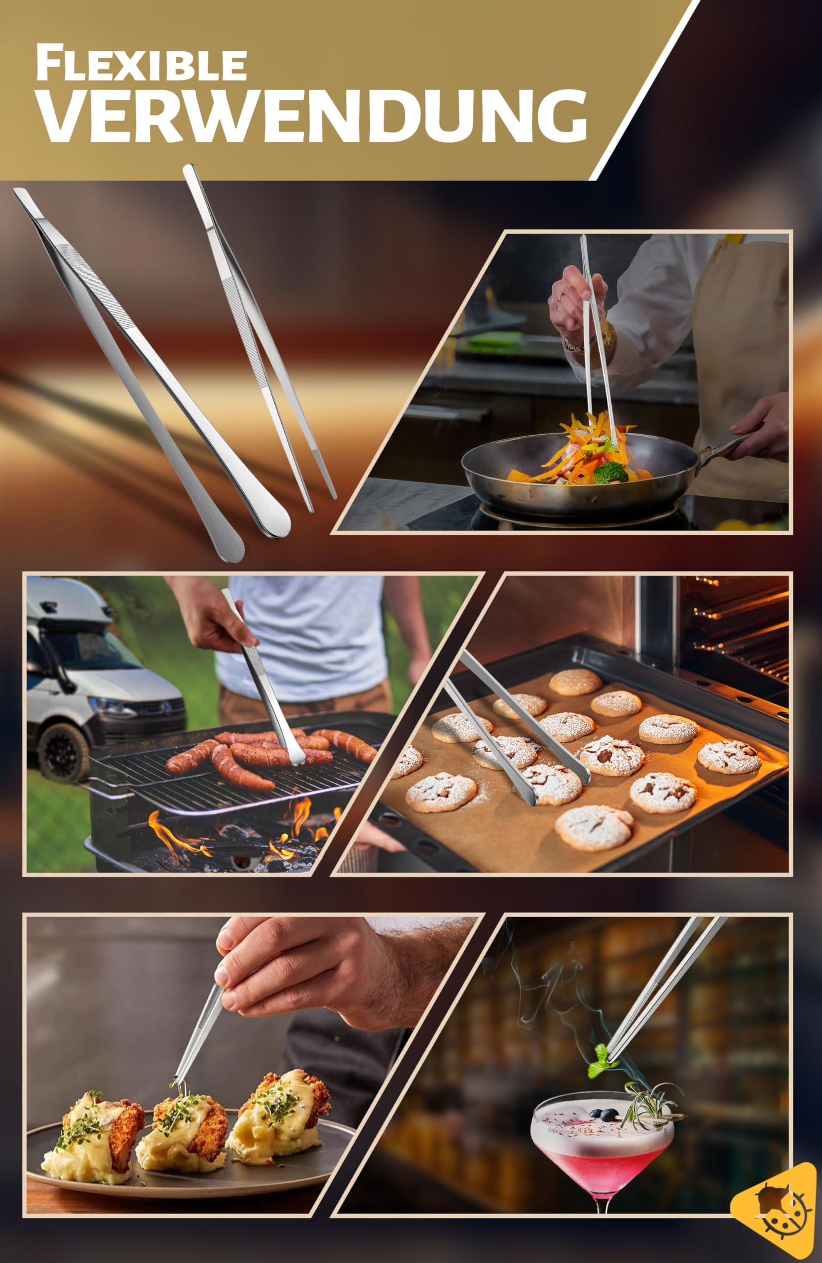 Menz Kookpincet set - 2 stuks kooktpincet roestvrij staal, pincet keuken 30 cm, ronde grillpincet voor koken en braden puntige keukenpincet om te decoreren