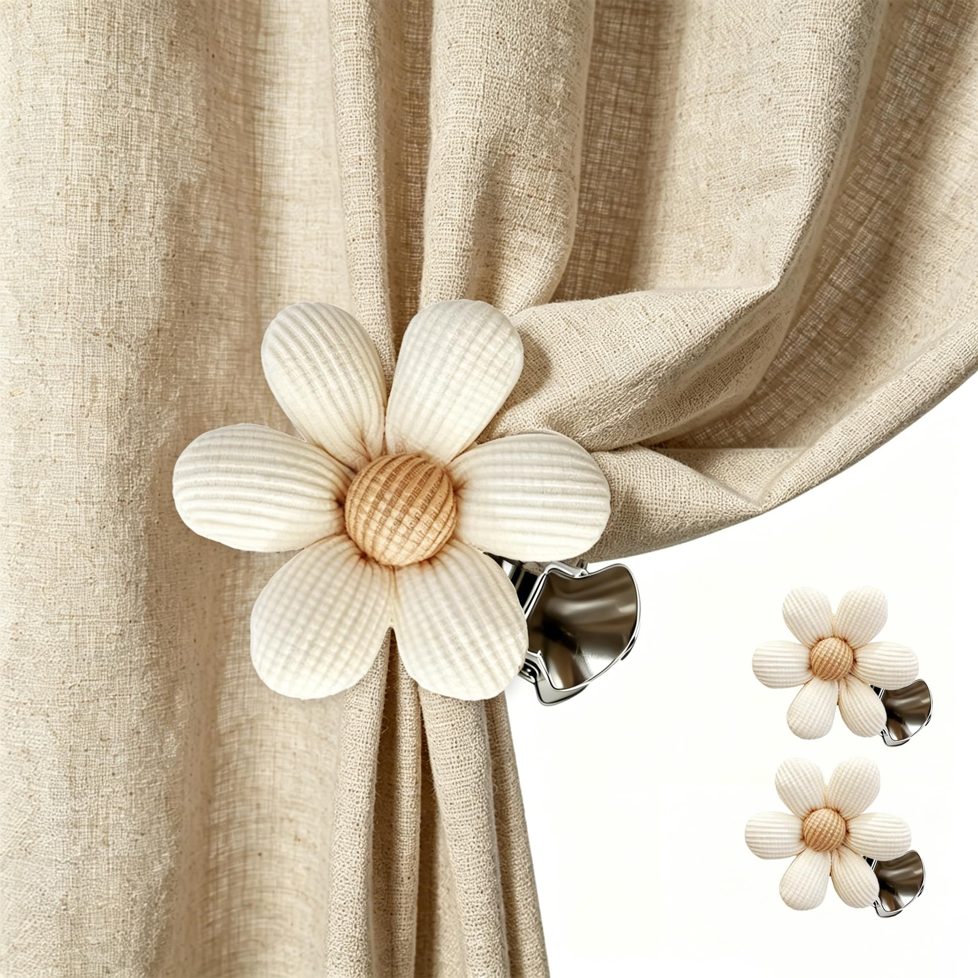 SRG Curtain Tiebacks for Curtains 2 Pack, Decorative Curtain Holdbacks for Drapes, Handmade Tie Backs No Drilling for Home Bedroom Window Decor – Cotton Flower Beige