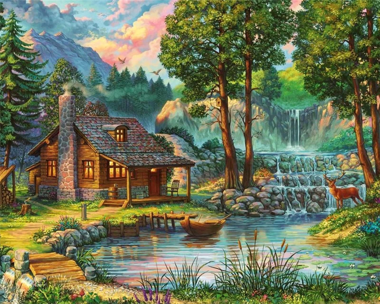 KOMEDO Paint By Number House Landscape Hand Painted Wall Art DIY Drawing On Canvas Lake Tree For Living Room 50X40cm (20x16inch) Without Frame