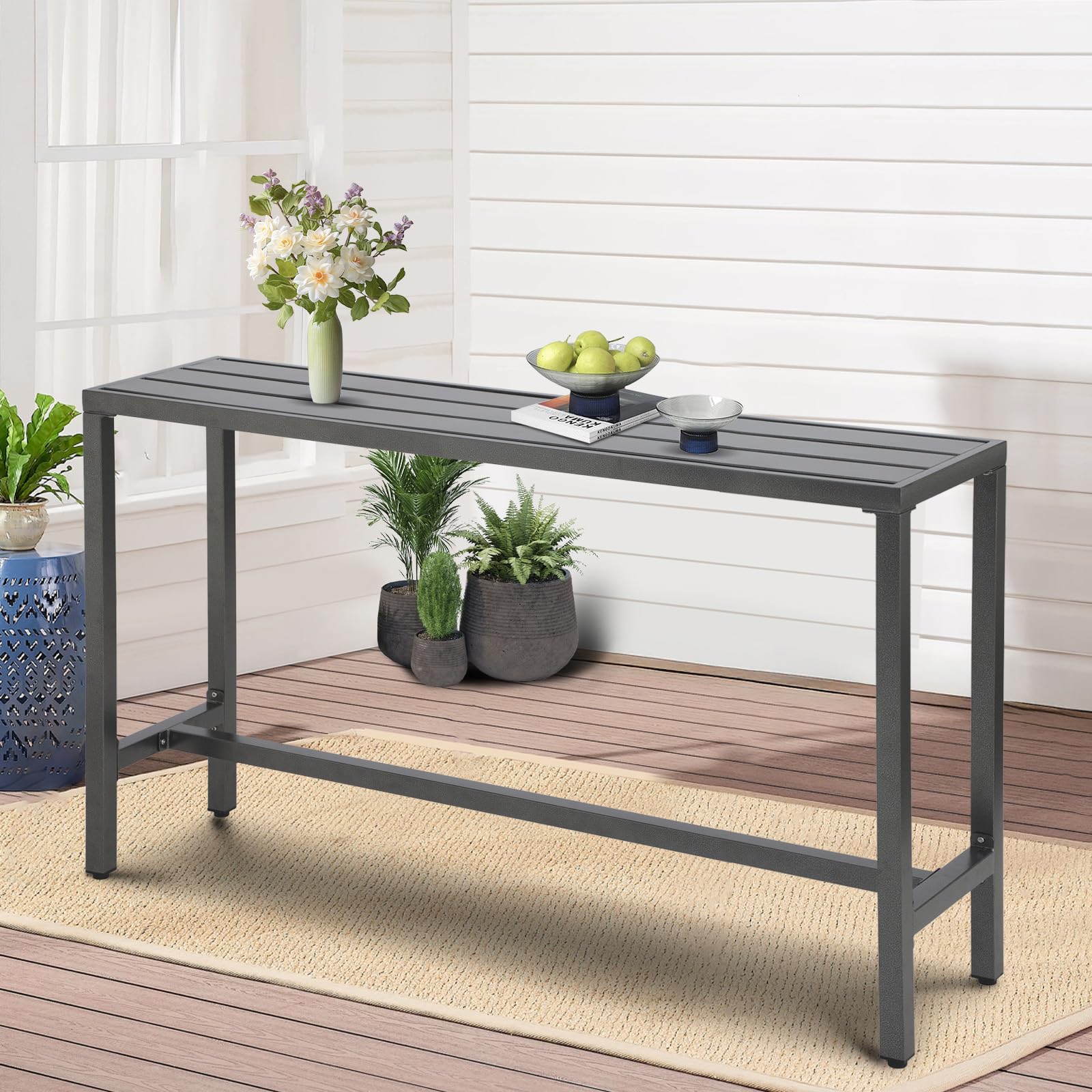 Outdoor Patio Counter Height Bar Table, 63" Rectangle for Patio, Garden, Yard, Balcony, Poolside (Grey)