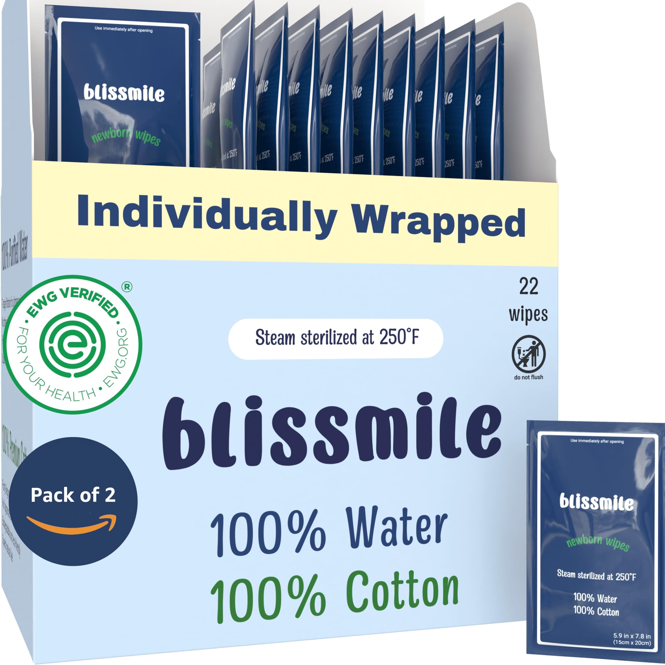 Mini Travel Wipes - 100% Water - Individually Wrapped - For Hand, Face & Body - Unscented Wet Wipes for Adults & Kids, Baby with Sensitive Skin - Feminine Wipes for Women, On the Go Essentials, 44 ctEWG Verified
