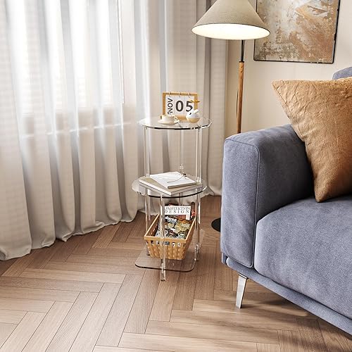 Miniatura 7 de Eglaf Mesa auxiliar redonda de acrílico  Mesa auxiliar de 3 niveles  Mesita de noche transparente pequeña mesita de noche decorativa para sala de