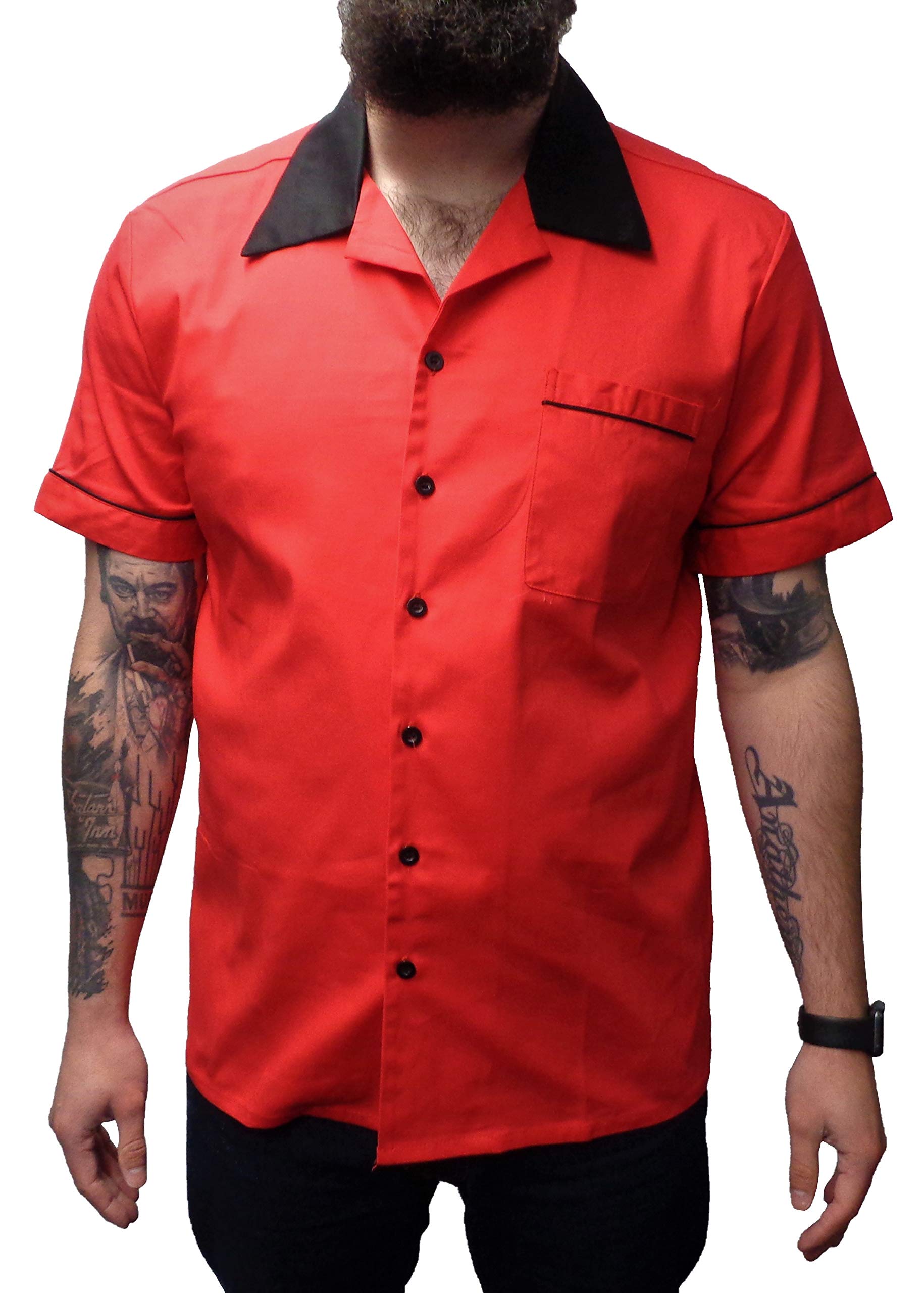 Mazeys Retro Rockabilly Bowling Shirts (Large, Red Plain)