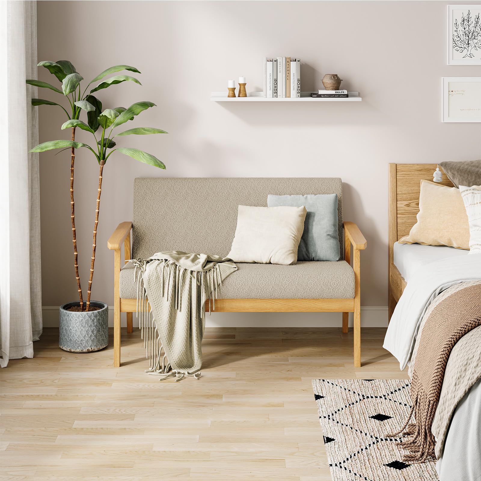 Dripex Divano a 2 posti, piccolo divano con cornice in legno, divano lounge da 2 pezzi, moderno e scandinavo, divano doppio in velluto Teddy, per soggiorno, camera da letto, ufficio,Beige