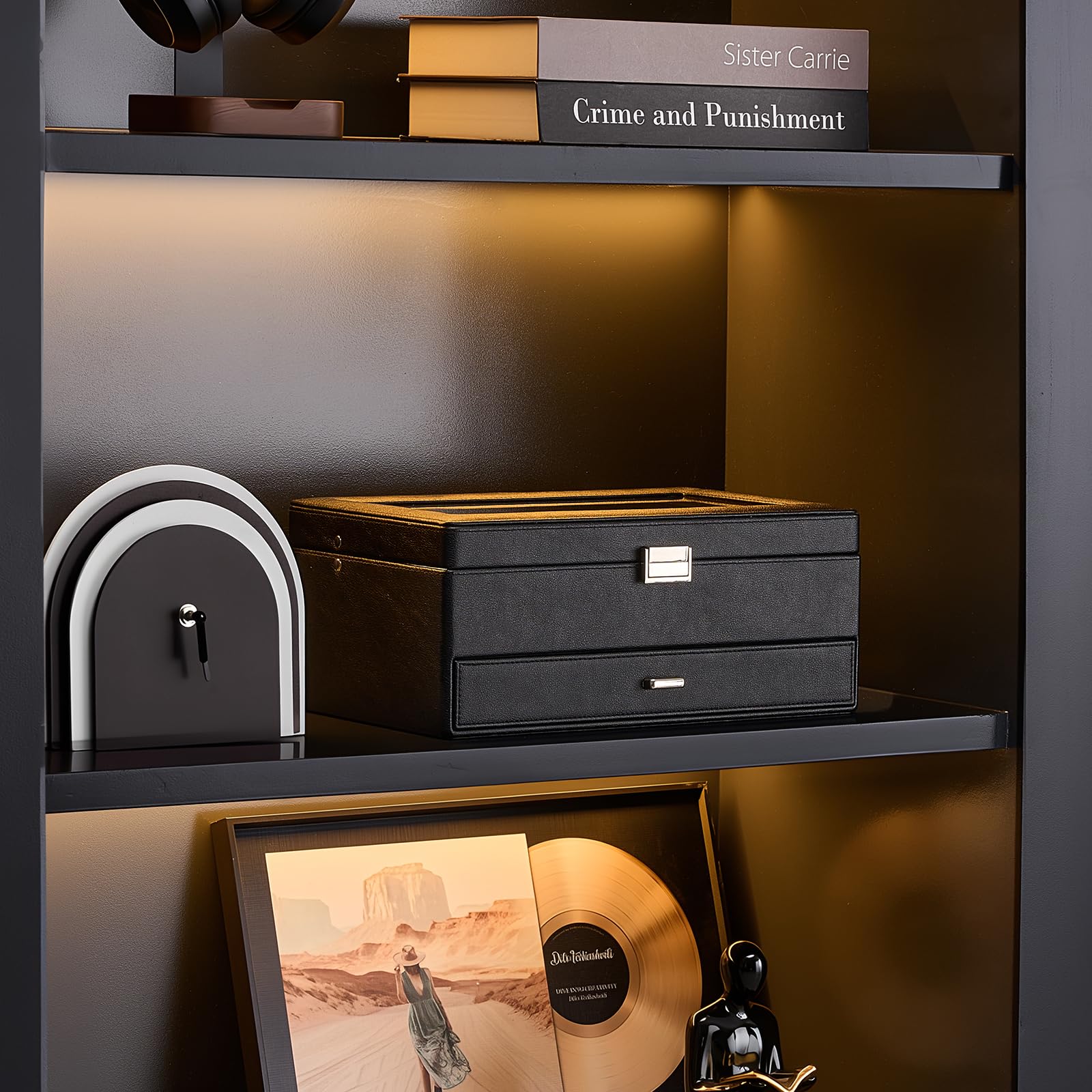 ProCase Estuche para Relojes, Caja Organizadora de 12 Ranuras y 2 Niveles con Tapa de Cristal, Cuero sintético premium, Almohadillas y Forro de Terciopelo, Porta Relojes para Hombre - Negro