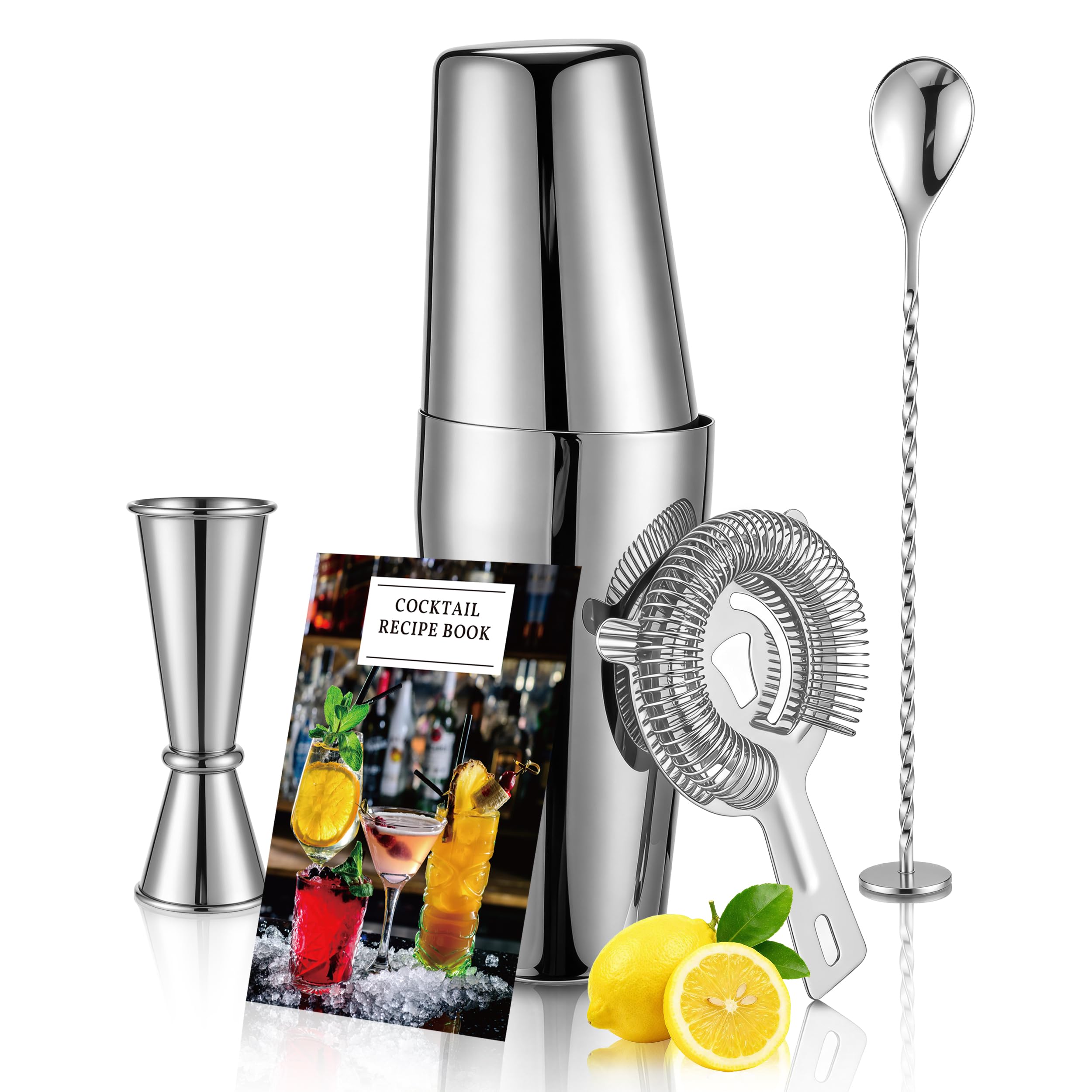 Boston Cocktail Shaker Set, 18 oz &amp; 28 oz 2-Piece Tins, 304 Stainless Steel Bartender Kit 5-Piece Bar Tool Set with Recipe Book, Perfect for Novices &amp; Pros, Home and Bar Use (Silver)