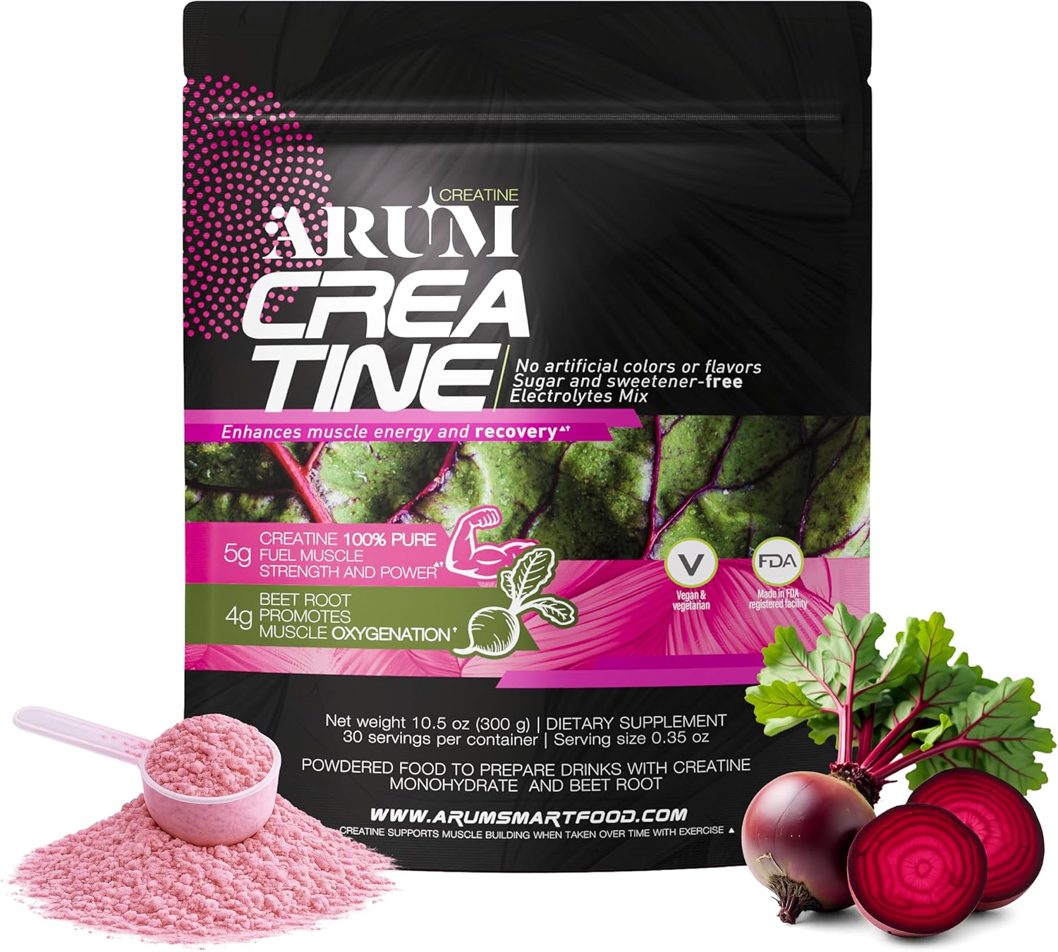 ARUM Creatine with Beetroot & Electrolytes – Micronized Creatine Monohydrate Powder 5g + Beet Extract 4g – Muscle Strength, Endurance, Hydration & Recovery – Vegan, Sugar-Free, 30 Servings