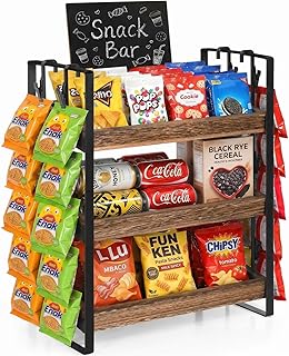 3-Tier Snack Organizer for Countertop, Chip Rack Display Stand with 20 Metal Snack Clips, Wooden Snack Bar Organizer for Party, Home, Office, Dark Brown Snack Display for Counter with Blackboard