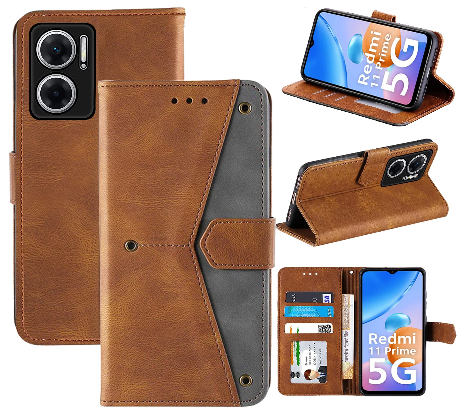 AUTO FOCUS Faux Leather Back Case Flip Cover for Mi Redmi 11 Prime 5G with ID Card Slot | Foldable Stand | 2 ID Card Slot | 1 Cash Slot - Executive Brown, 20049-picture-20