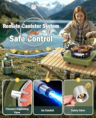 Miniatura 5 de Estufa de campamento con 2 quemadores de propano, 30,000 BTU plegable con rejillas resistentes al viento y sartén, estufas de campamento portátiles