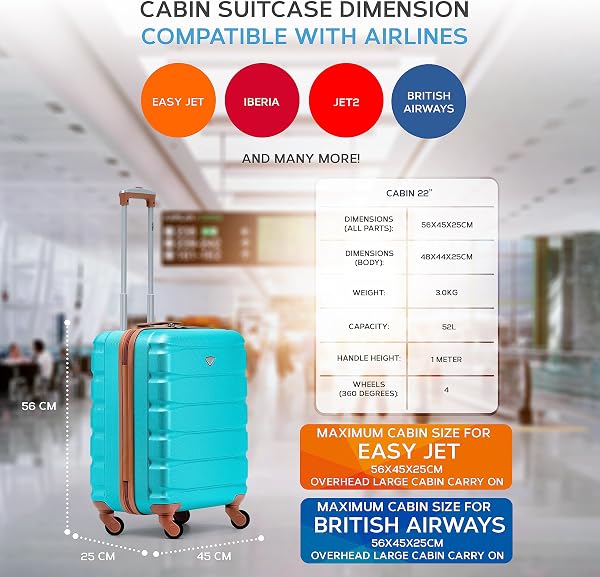 Flight Knight 56x45x25 EasyJet Cabin Bag, Jet2, British Airways Suitcase - Lightweight Small Durable 4-Wheel Cabin Case, Maximum Carry-On Size, ABS Hard Shell, 10kg Hand Luggage Bag- 56 x 45 x 25 - 3