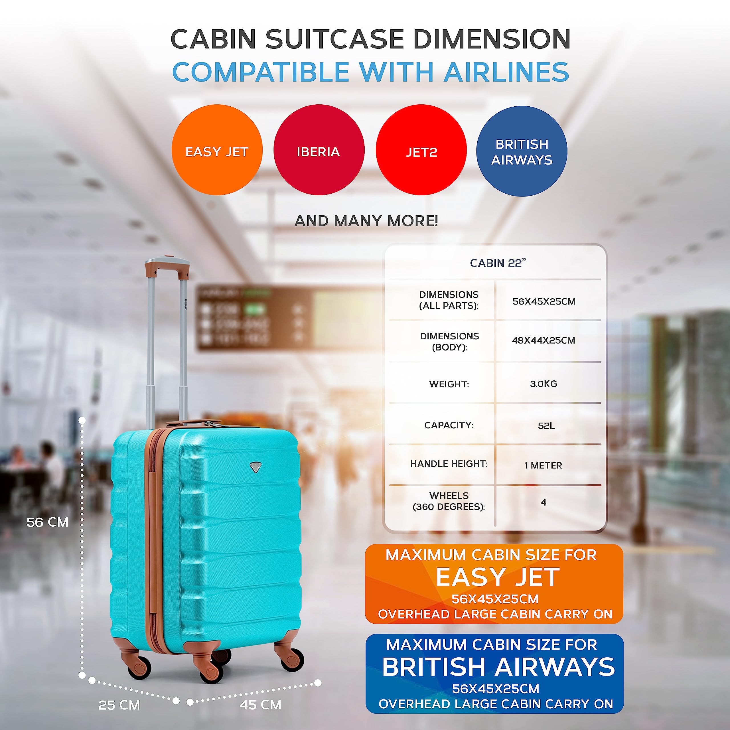 Flight Knight 56x45x25 EasyJet Cabin Bag, Jet2, British Airways Suitcase - Lightweight Small Durable 4-Wheel Cabin Case, Maximum Carry-On Size, ABS Hard Shell, 10kg Hand Luggage Bag- 56 x 45 x 25