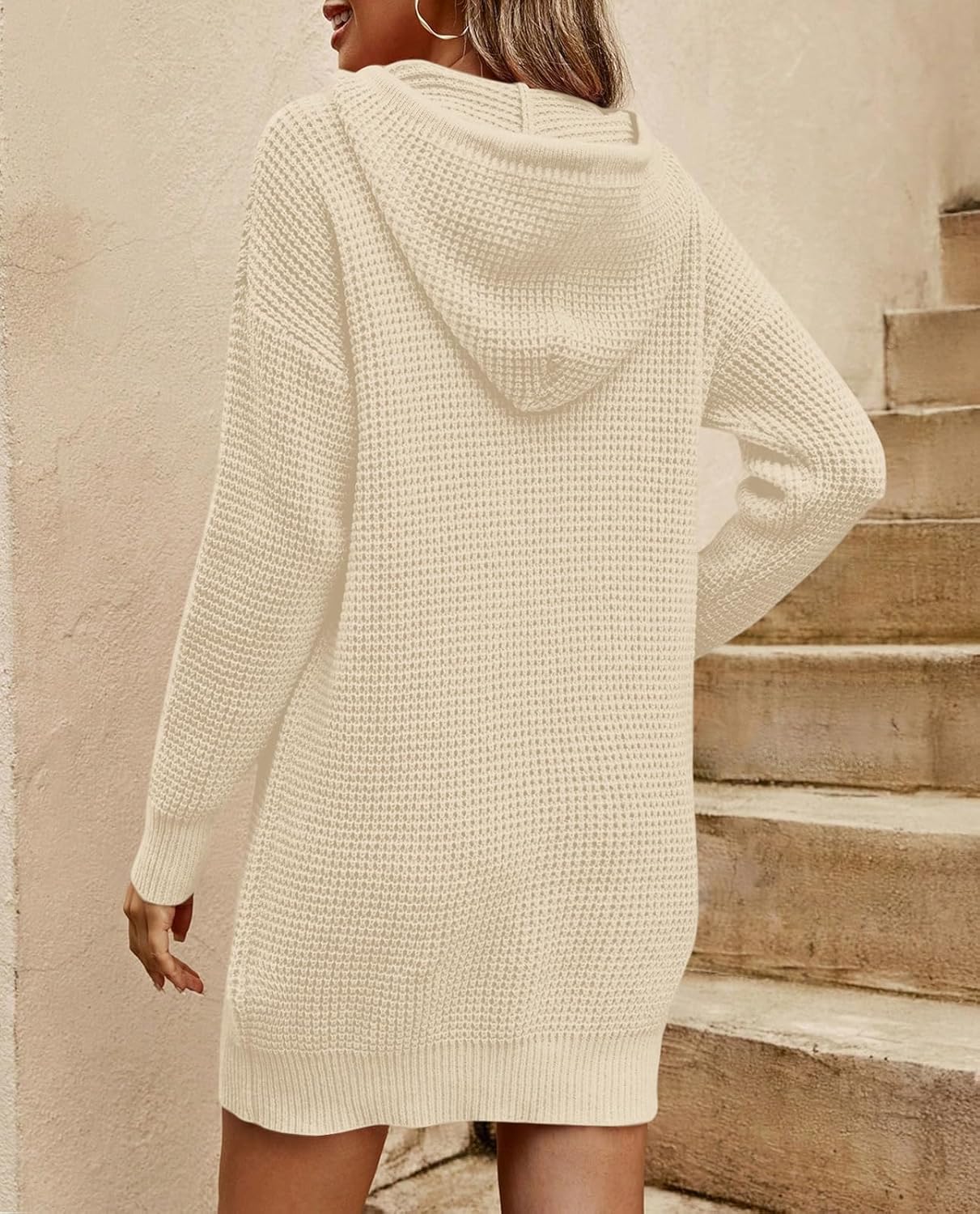 PerZeal Women's Hooded Knit Sweater Dress, Solid Long Sleeve Drawstring Casual Short Daliy Party Dress - Image 2