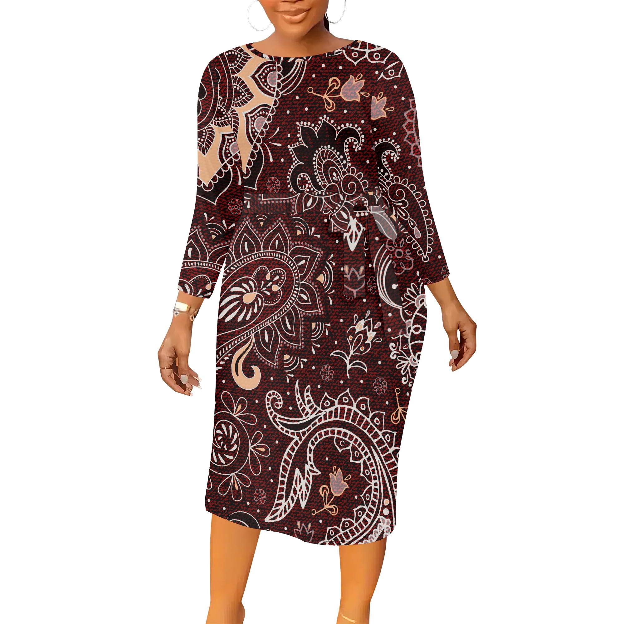 Womens Plus Size Long Sleeve Belted Midi Dress Crew Neck Sheath for Office Church Fall Events XL 6XL