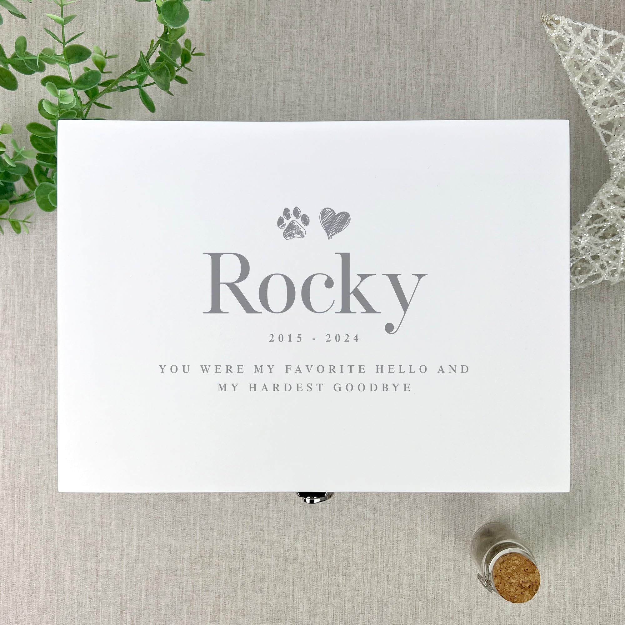 Caja de recuerdo de madera blanca personalizada para mascotas | Regalo de condolencias por la pérdida de mascotas | 27 x 19 x 14 cm
