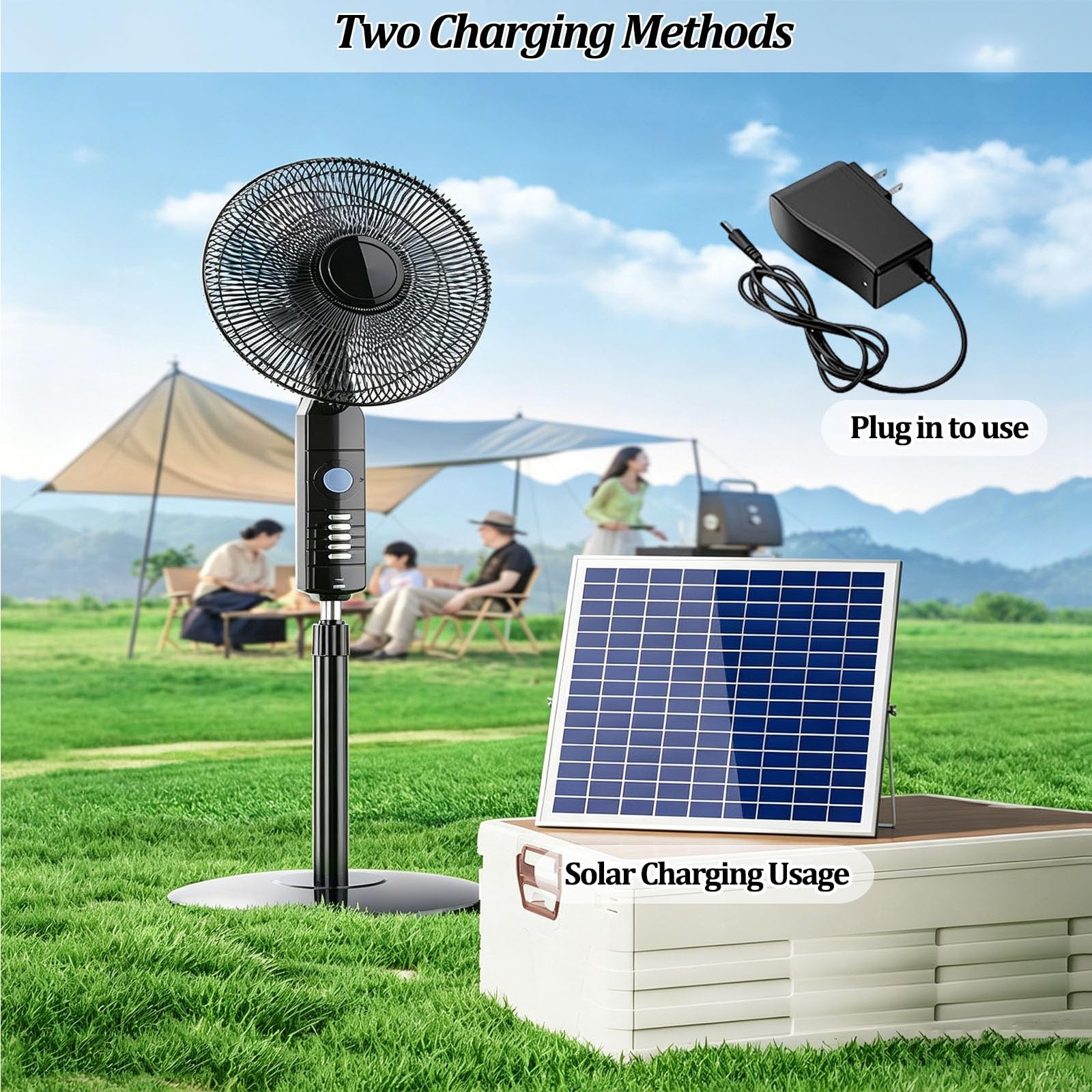 Ventilatore Solare da Campeggio con Luce, Ventilatore da Terra per Esterni con Telecomando, Batteria da 5200 mAh, Due Metodi di Ricarica, Oscillazione Automatica a 3 Velocità