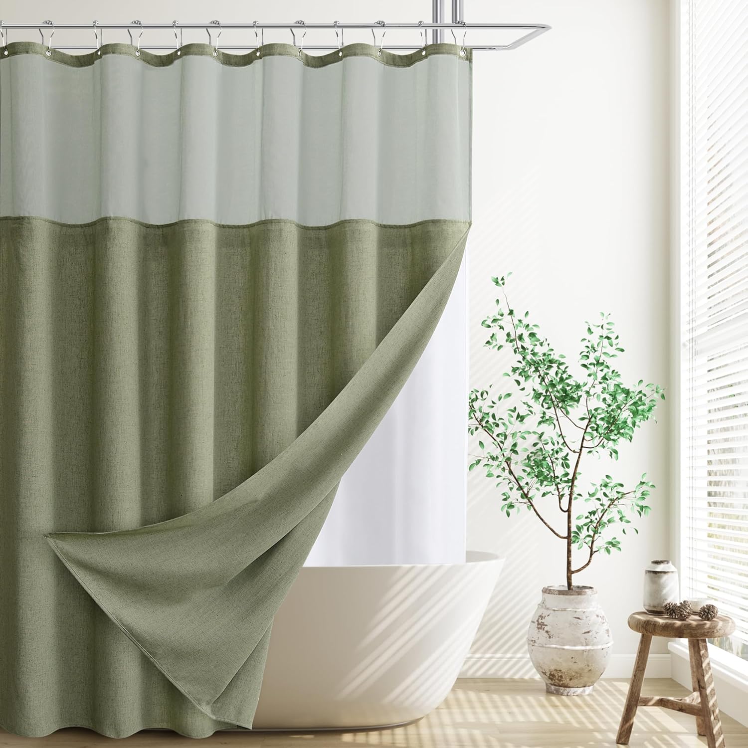 Naturoom Sage Green Linen Shower Curtain with Liner and