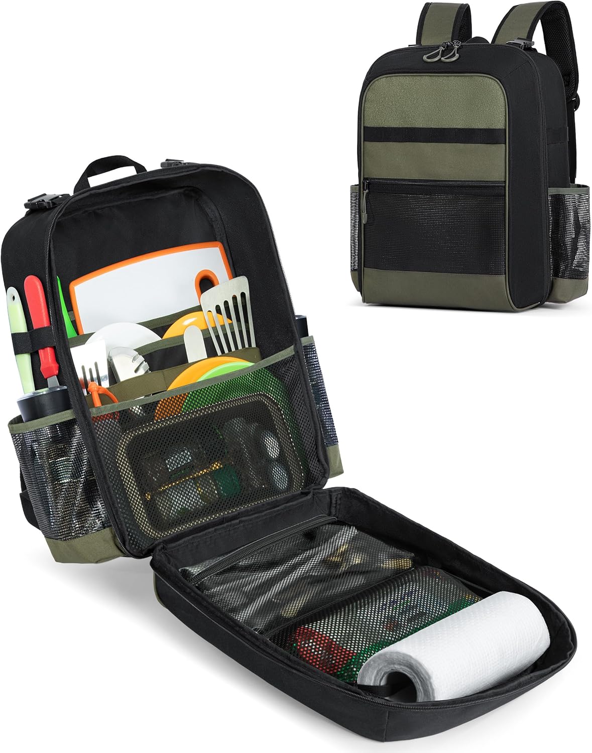 Camp Kitchen Organizer Backpack with Paper Towel Holder, Hanging Camping Utensil Storage Bag with Multi Pockets for Camping Utensils, Barbecue Tool, Bag Only, Black