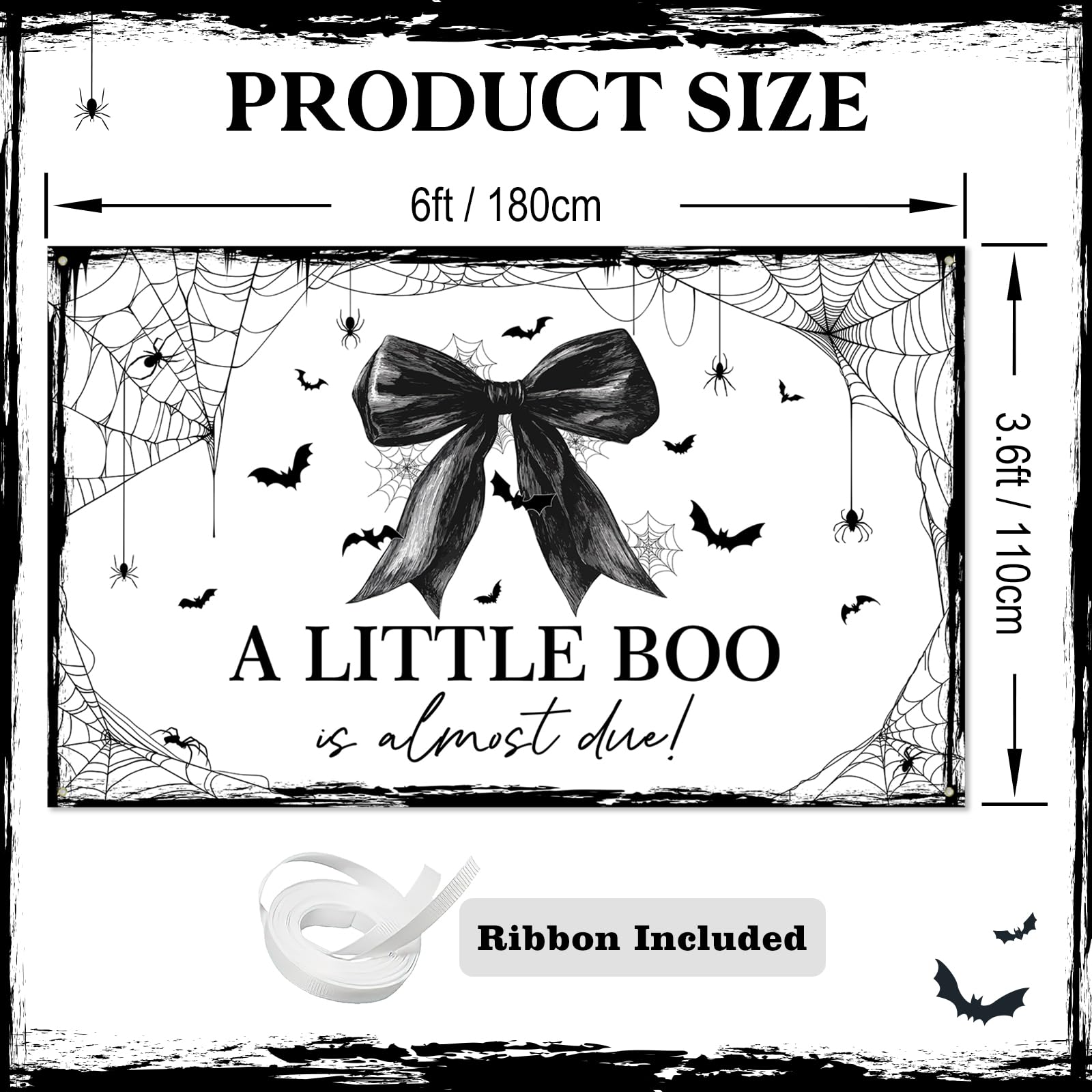 Bannière d'Halloween pour fête prénatale avec nœud blanc et noir « A Little Boo is Almost Due » - Toile d'araignée pour fille - Décorations de fête prénatale - 1,8 x 1,1 m