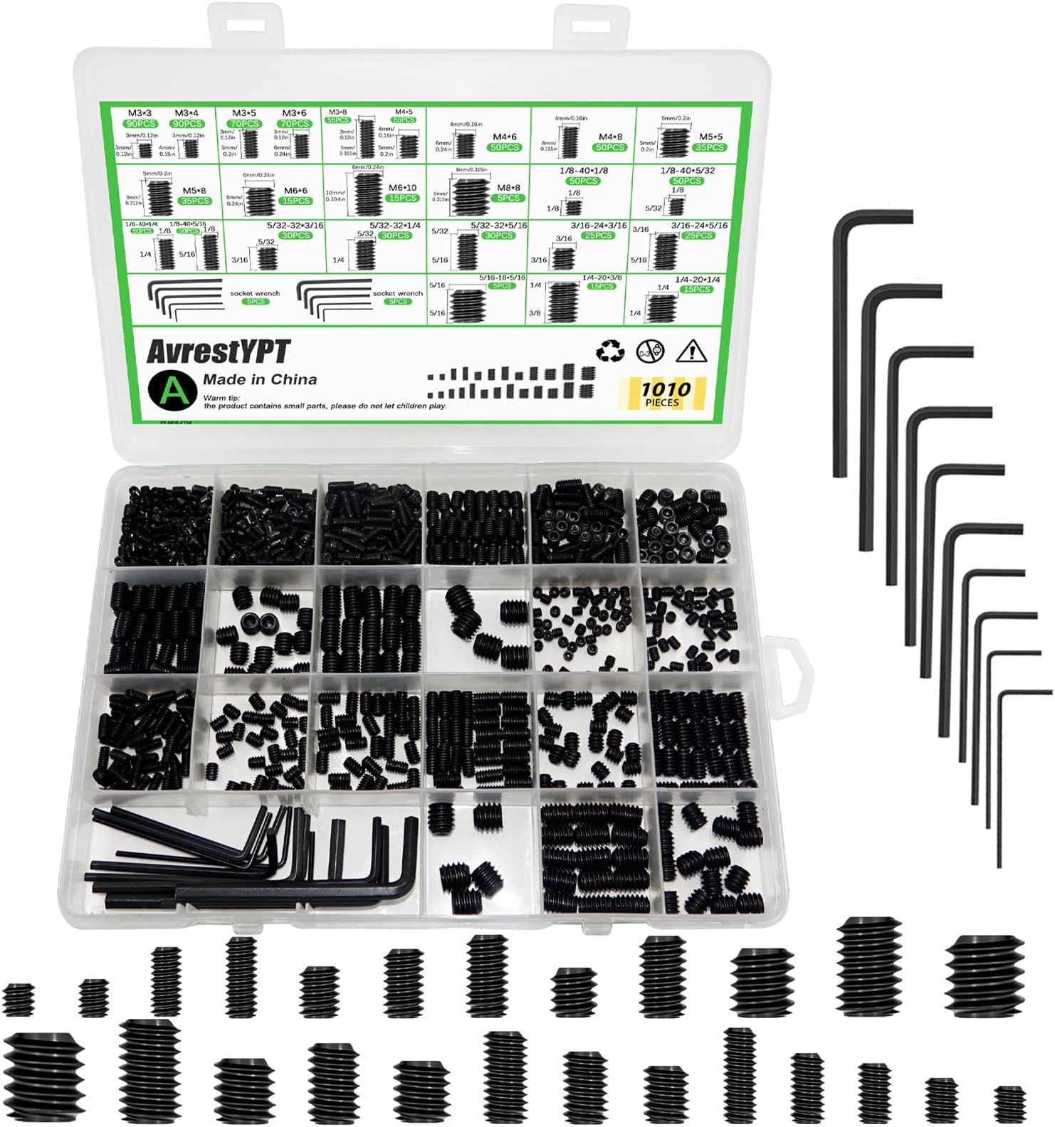 1010 Pcs 25 Size Set Screws Metric & SAE Set Screw Assortment Kit 12.9 Alloy Steel Head Socket for Bathroom Fixture Metric Bolt Assortment for Door Knobs Faucets Plumbing(M3-M8, 1/8"-40 to 5/16"-18)