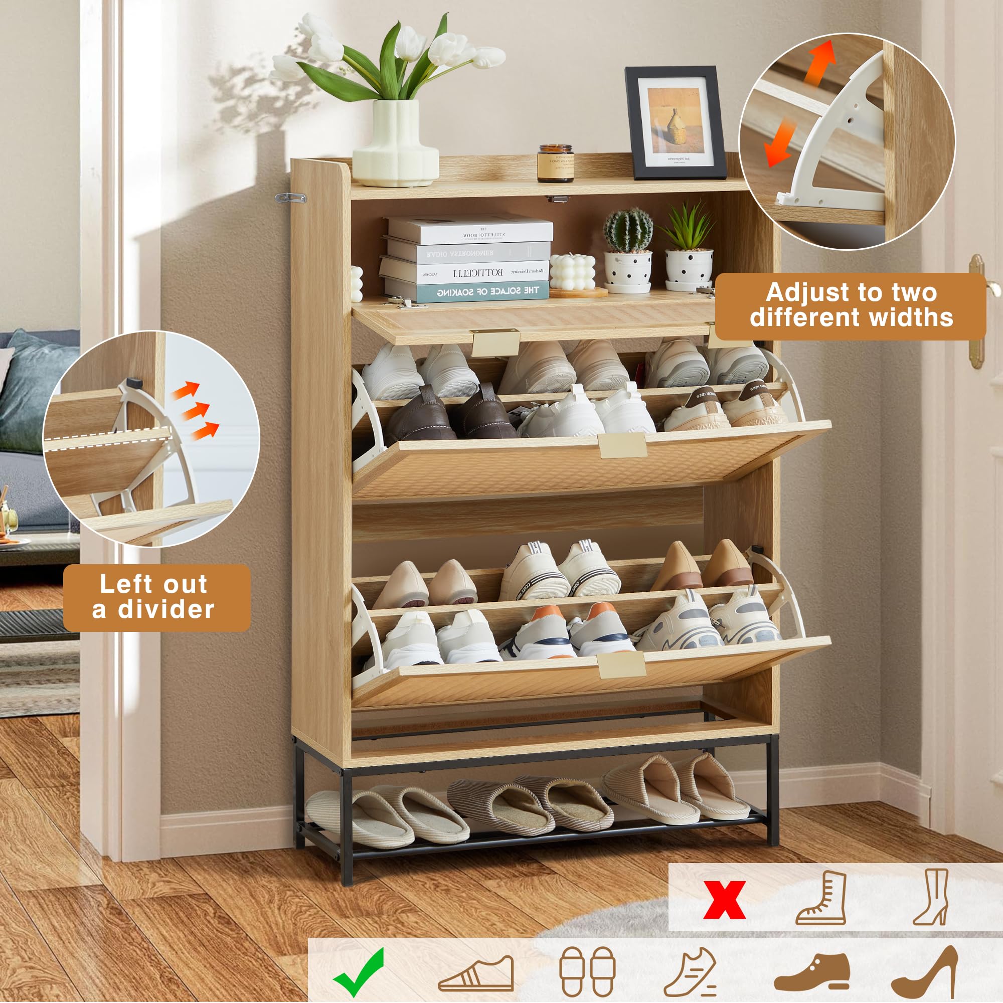 Affeivul Rattan Shoe Storage Cabinet – 2-Door Console Table For Entryway, Holds 12-18 Pairs Of Shoes, Walnut Finish