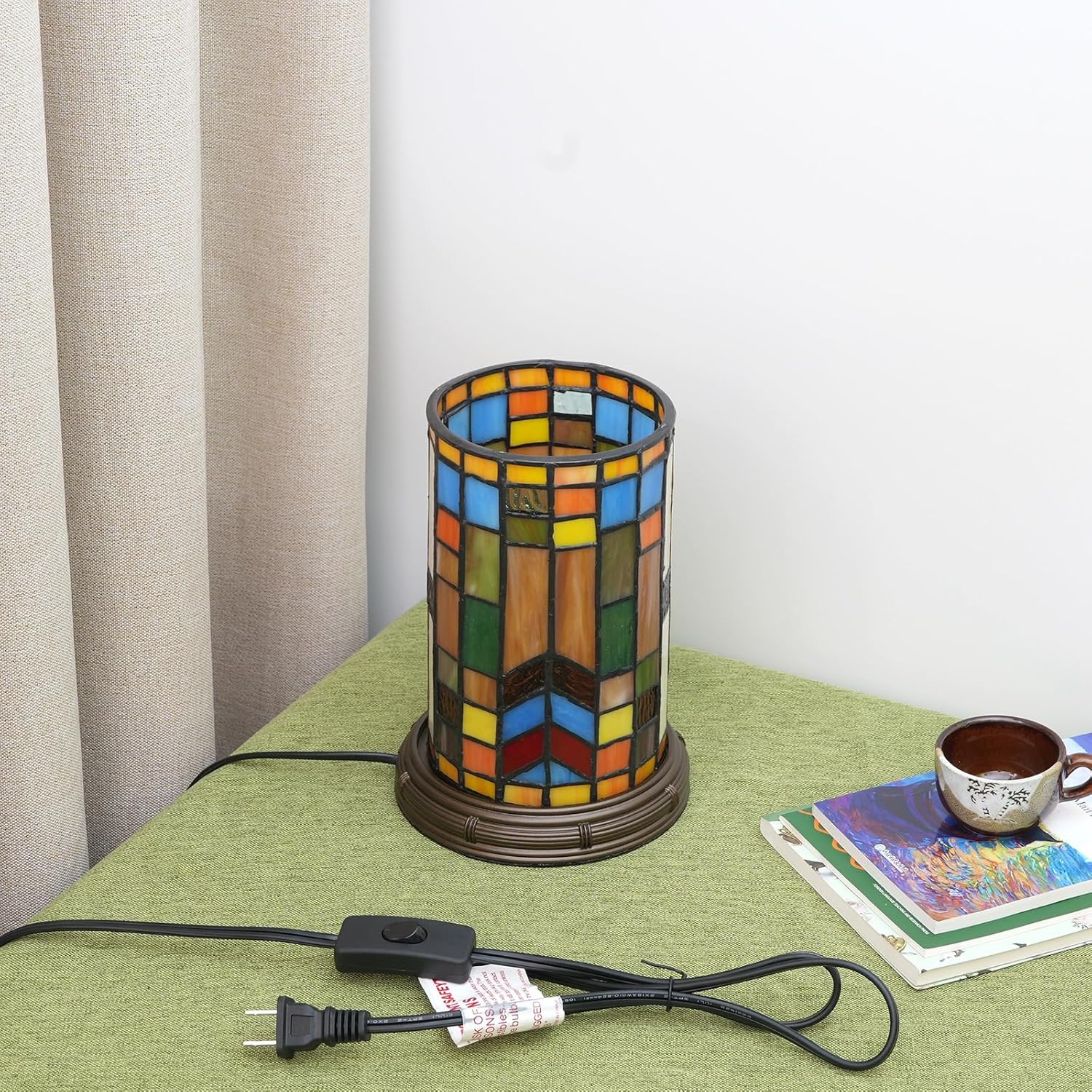Tiffany Style Stained Glass Bohemian Block Table lamp Living Room Bedroom Bedside Flower Vase Decor Small Night Light Mini Cute Kids Accent Cottage Aesthetic Nightstand Cylinder Desk lamp
