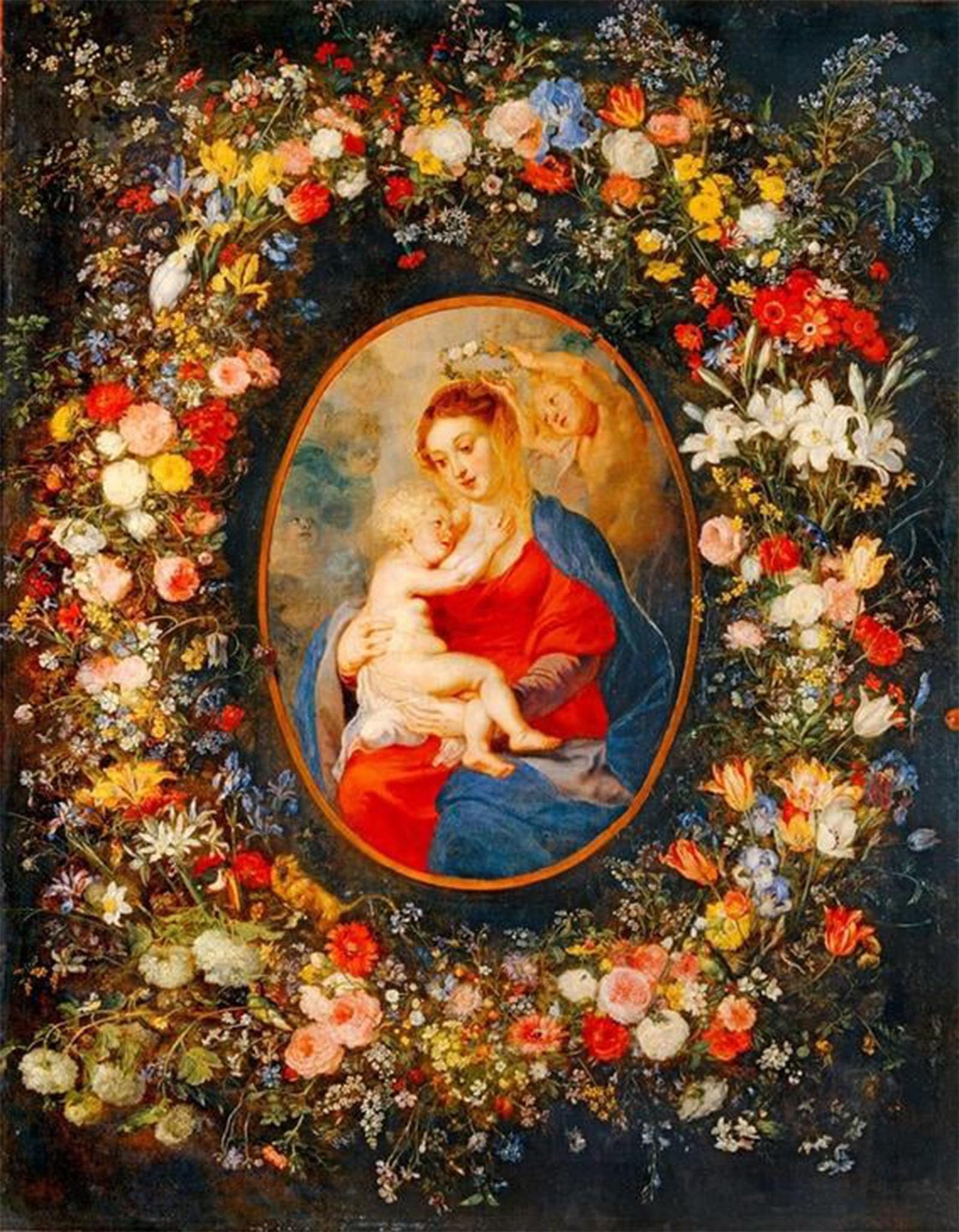ARTXLXXBN Famous Prints Artwork Pictures Poster Painting Art the Virgin the Child Jesus and Angels in the Middle of a Garland of Flowers by Peter Paul Rubens for Home Decor 60x90cm