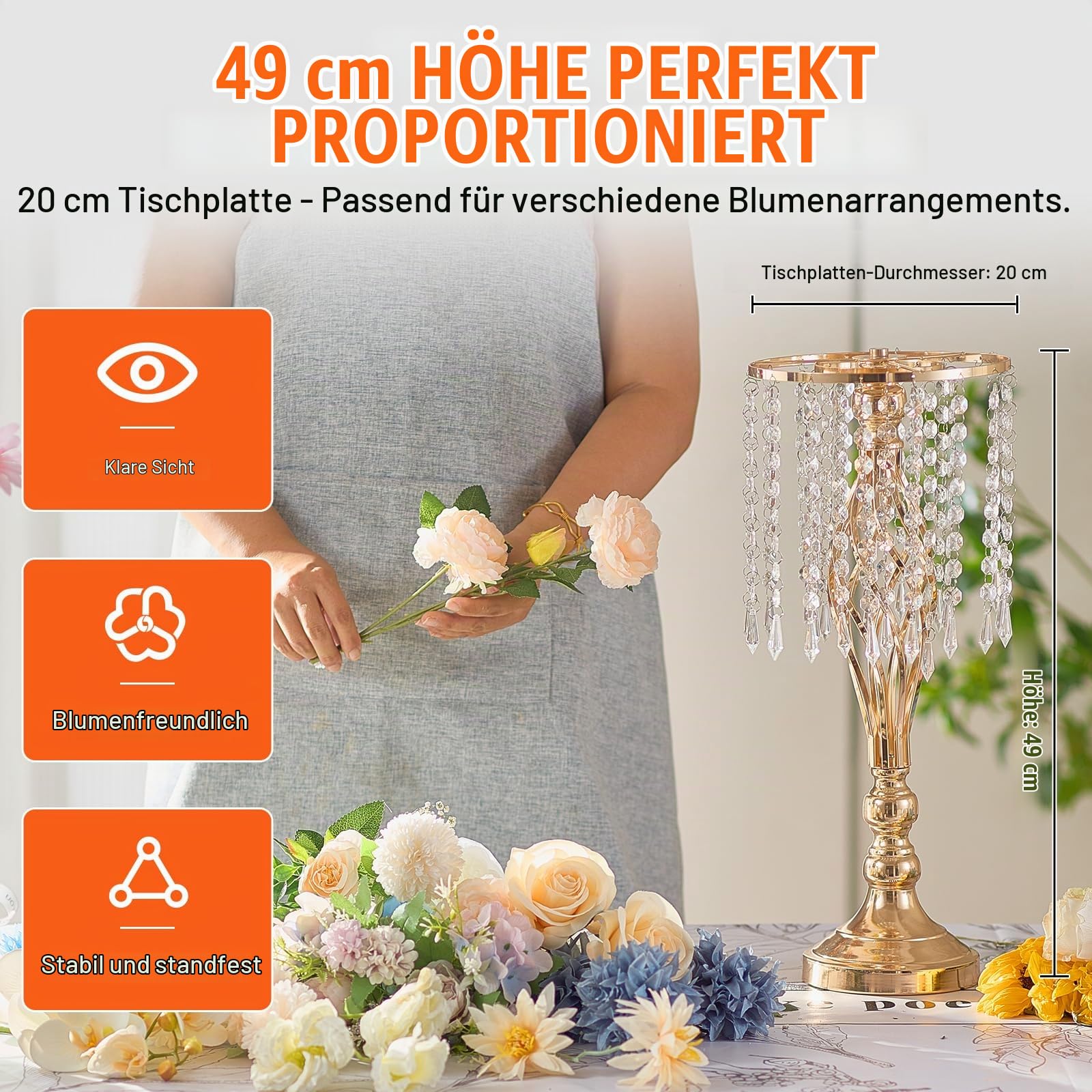 VEVOR 12 STK 49 cm hoher Blumenständer aus Kristallglas für Hochzeiten, Metallvase für Hochzeitsmittelstücke, goldene Blumenhalter, Blumenständer für Tische, Hochzeitsessen, Partys