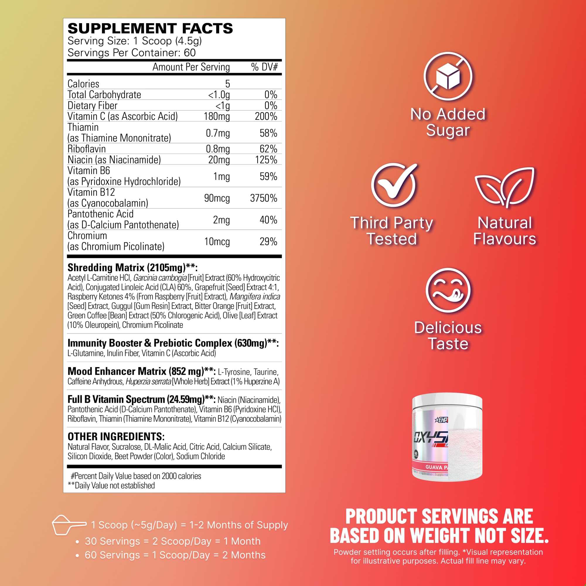 EHP Labs OxyShred Pre Workout Powder & Shredding Supplement - Preworkout Powder with L Glutamine & Acetyl L Carnitine, Energy Boost Drink - Guava Paradise, 60 Servings — Amazon image 3
