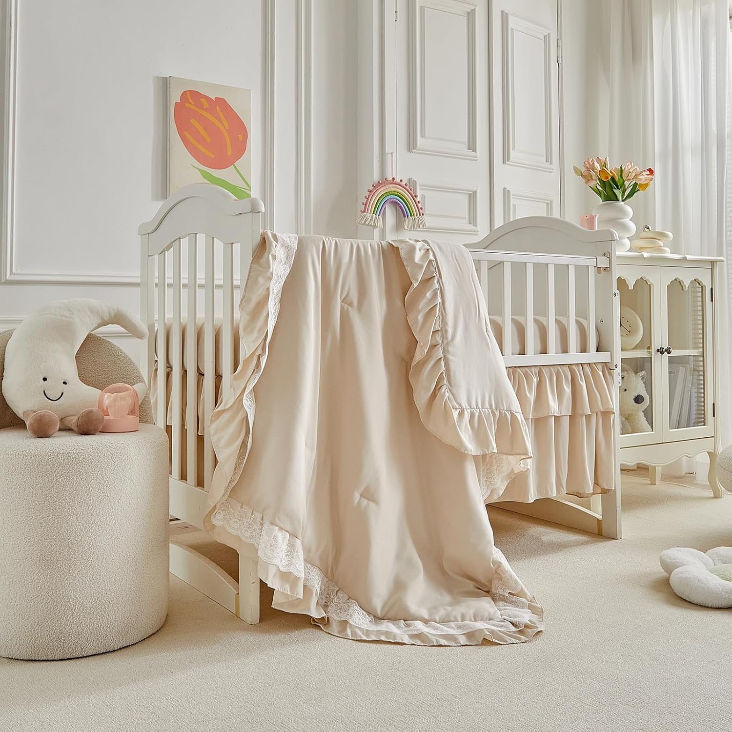 Ruffled Crib Bedding Set Floral Design 3 Pieces Baby Boho Quilted Comforter with Fitted Sheet and Bed Skirt - Cute Ruffled Shabby Chic Baby Bedding Soft Blanket Design UCBS-7RM-01