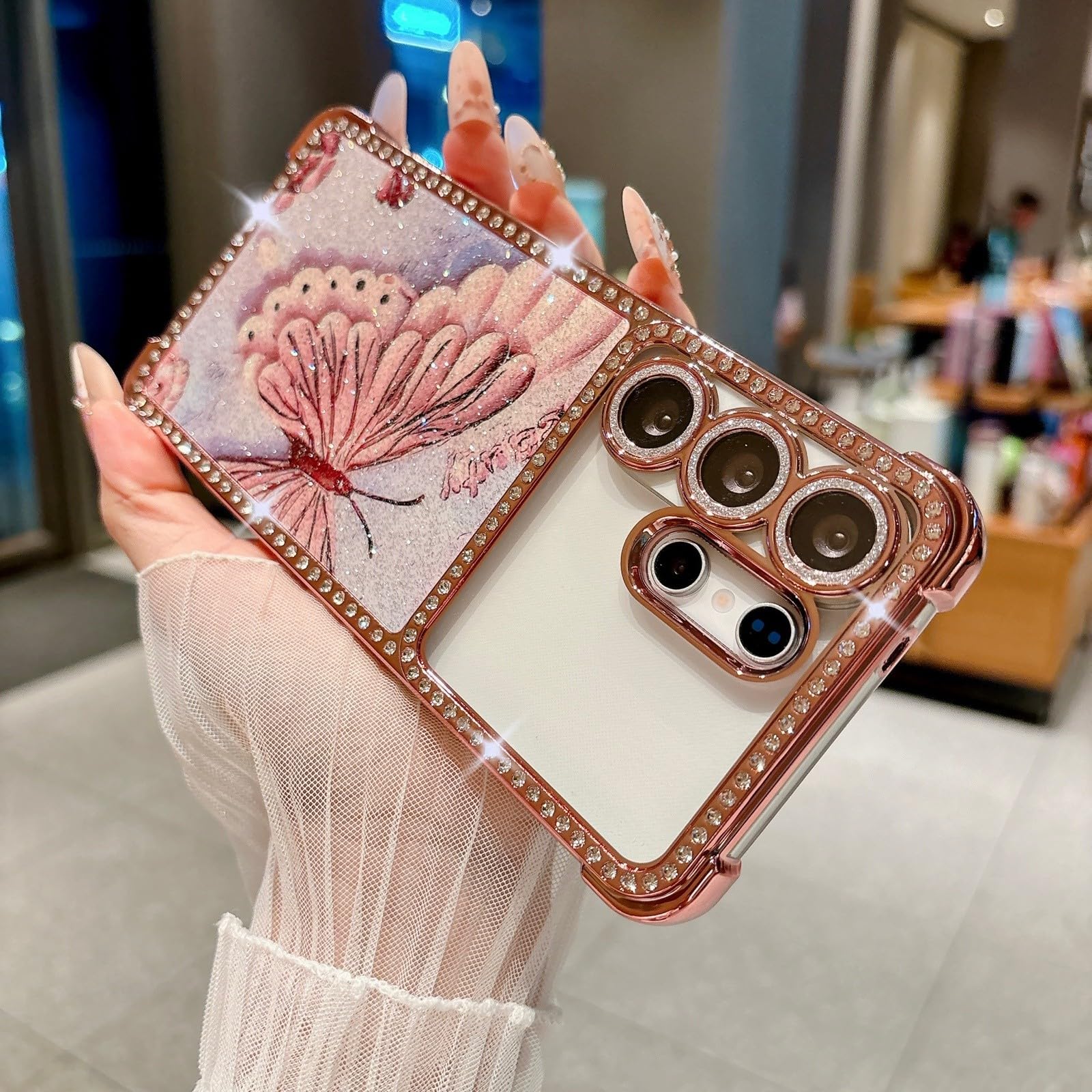 Generic Funda compatible con Samsung Galaxy S26 Ultra (patrón: mariposa rosa), funda con purpurina de silicona dura para lente de cámara
