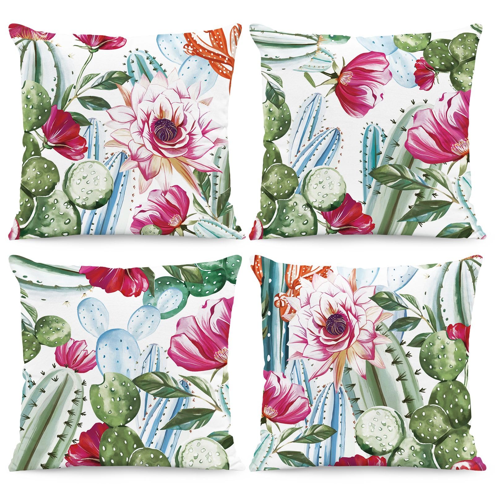 Pack 4 Fundas de Almohada 45x45cm Flores Vibrantes, Terciopelo Suave, Cojines Decorativos con Cremallera Invisible para Sofá y Dormitorio