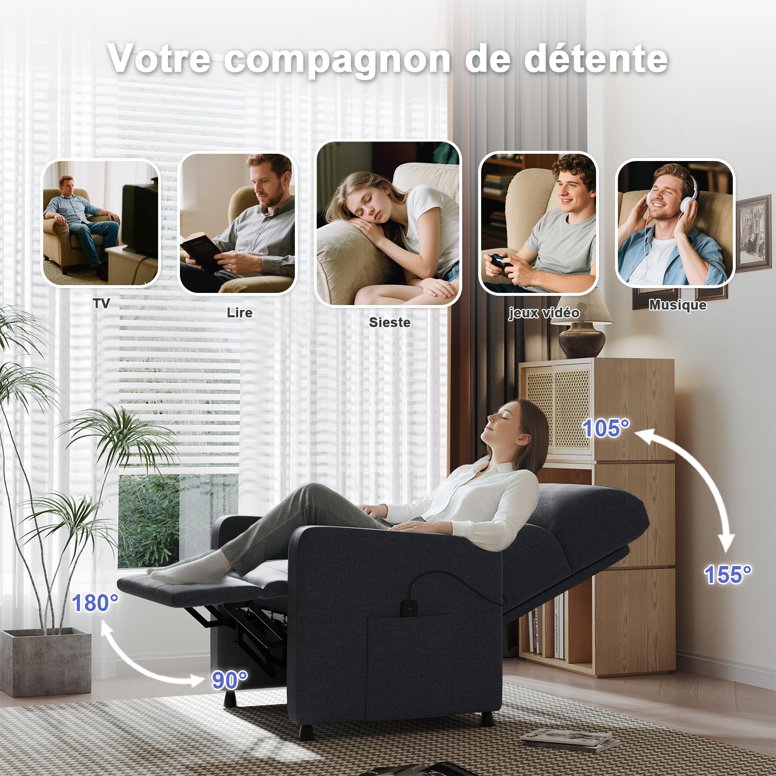 JUMMICO Fauteuil de Relaxation, Fauteuil Inclinable pour Chambre, Fauteuil Relax Électrique avec Dossier Réglable et Repose-Pieds Extensible, Salon et Home cinéma, télécommande