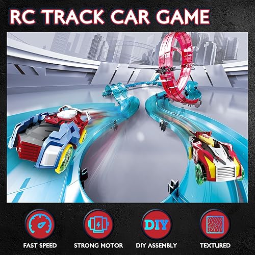 Miniatura 3 de REMOKING RC Track Car, STEM Rail Race RC Track Car Toys Build Your Own 3D Super Track Ultimate Slot Car Playset 2 Cars 2 Remote Controllers Party