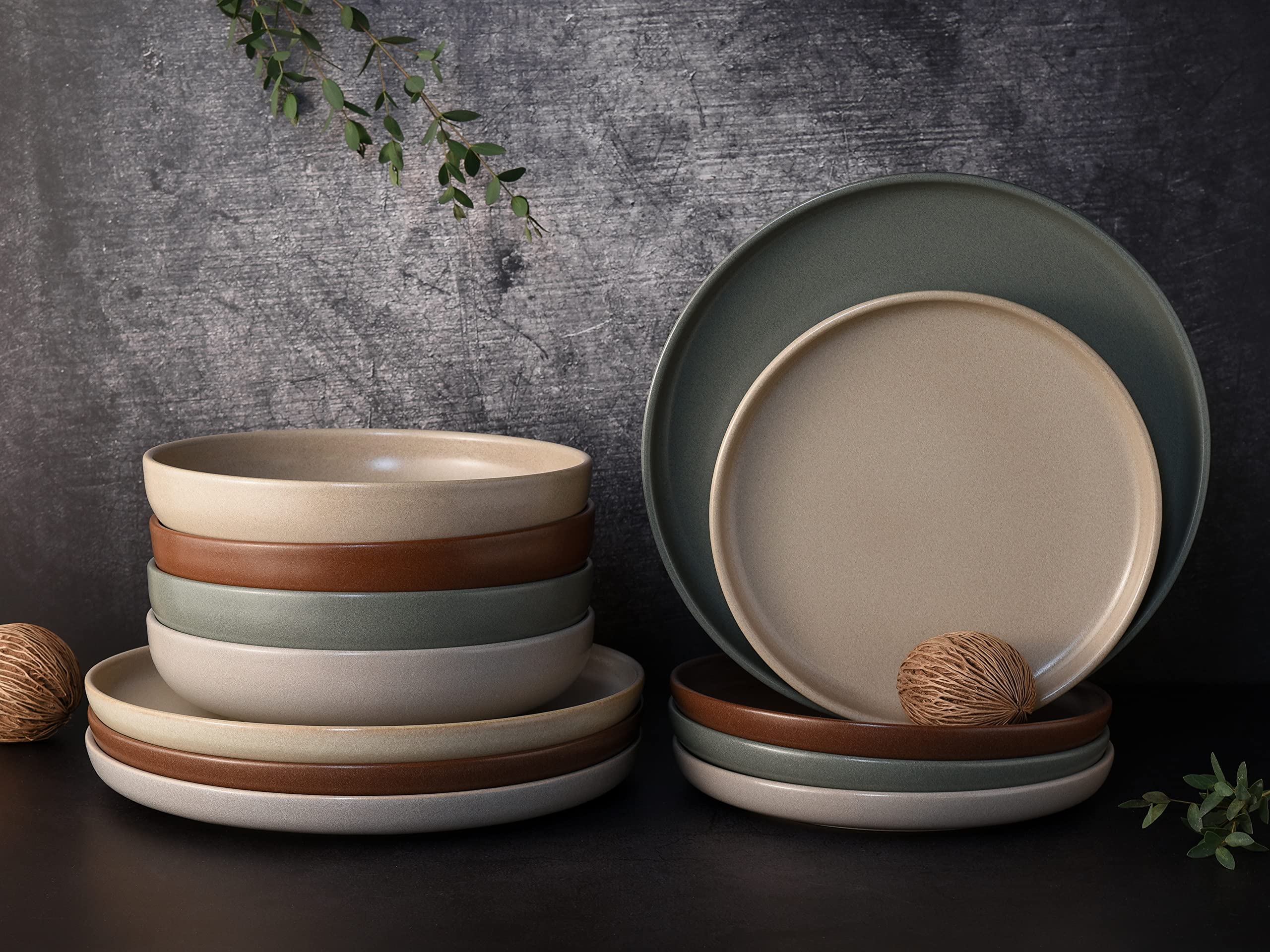 CreaTable, 23189, Serie uno NATURAL, 12-teiliges Geschirrset, Teller Set aus Steinzeug, spülmaschinen- und mikrowellengeeignet, Made in Portugal