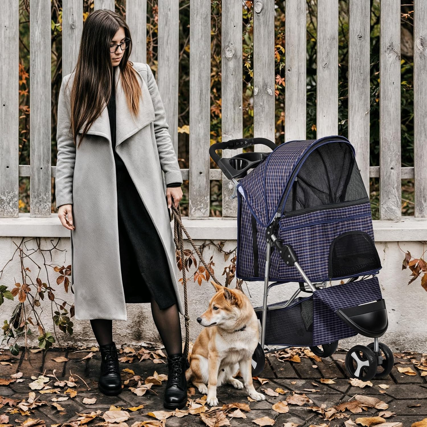 Plaid Foldable Dog Stroller with Storage and Cup Holder