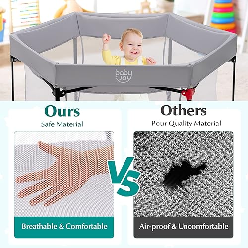 Miniatura 4 de BABY JOY Corralito de juegos para bebés al aire libre de 53 pulgadas, patio de juegos grande portátil para bebés y niños pequeños con toldo UV