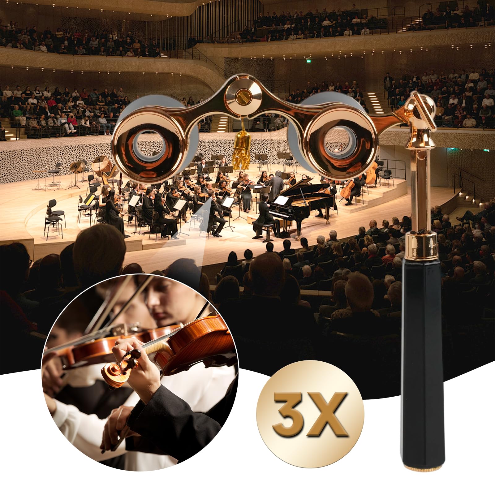 Binocolo da Teatro 3x25, Nero - Lenti BK7 Ottiche, Manico Regolabile e Catena - Design Vintage Compatto per Opera, Concerti e Sport - Regalo per Adulti e Bambini