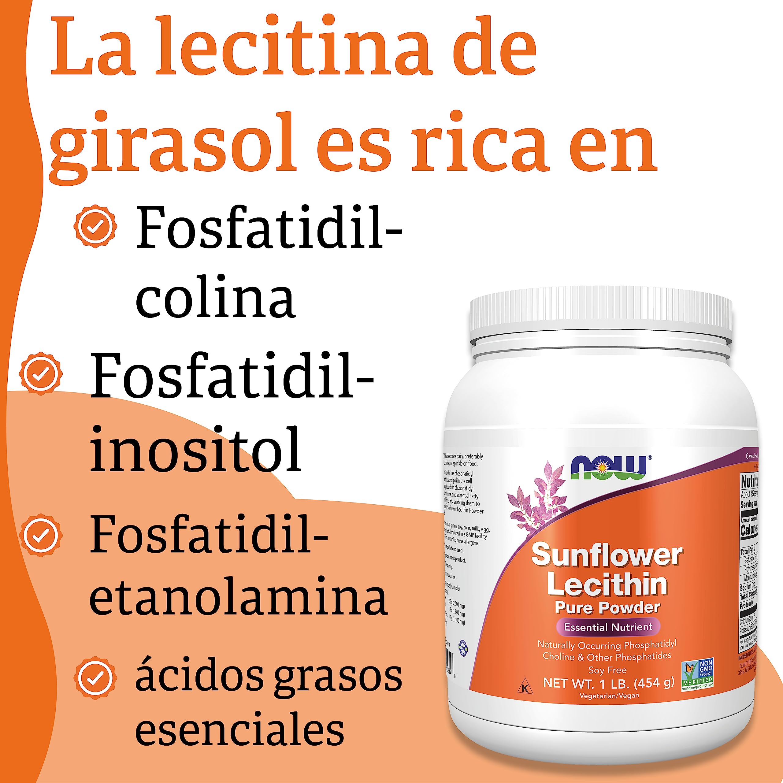 Now Foods, Sunflower Lecithin (Lecitina de Girasol), Polvo Puro Vegano, 454g, Probado en Laboratorio, Sin Gluten, Sin Soja, Vegetariano