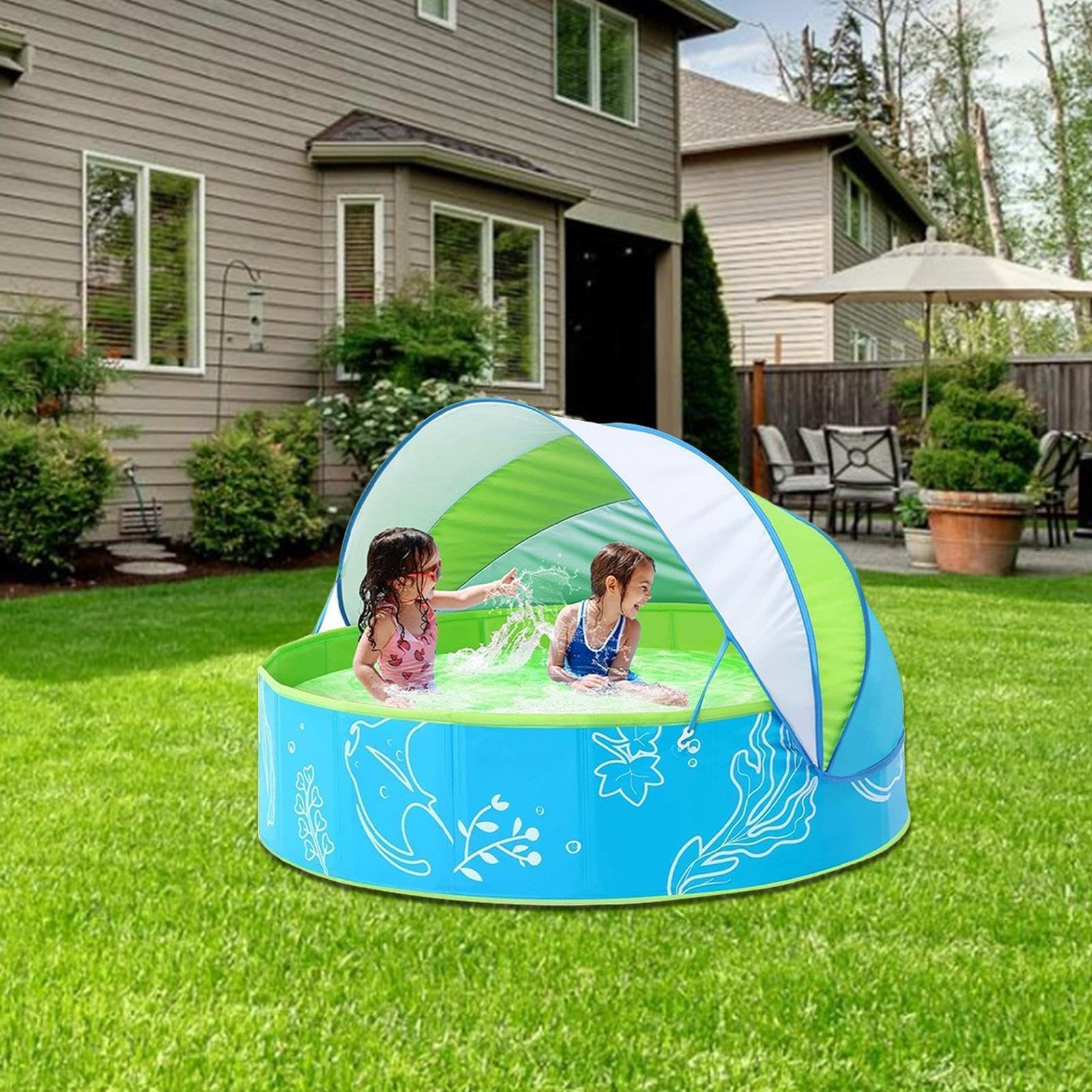 Piscina Plegable Bañera De Verano Al Aire Libre con Toldo Parasol | Piscina De Chapoteo Para vacaciones en verano al aire libre y exterior, jardín, patio trasero, playa, camping y hogar