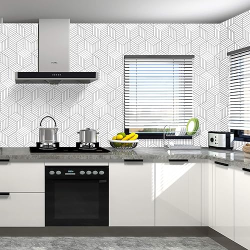 Miniatura 8 de WENMER Papel tapiz hexagonal geométrico, papel de contacto de 17.71 x 78.7 pulgadas, papel tapiz hexagonal geométrico plateado para despegar y